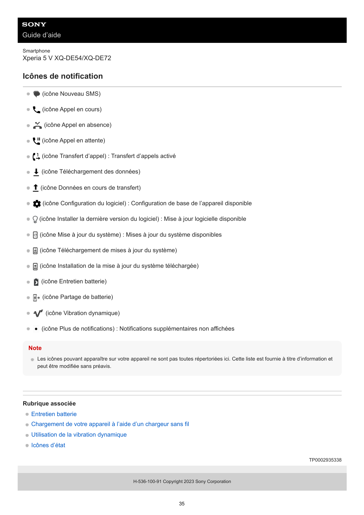 Guide d’aideSmartphoneXperia 5 V XQ-DE54/XQ-DE72Icônes de notification(icône Nouveau SMS)(icône Appel en cours)(icône Appel en a