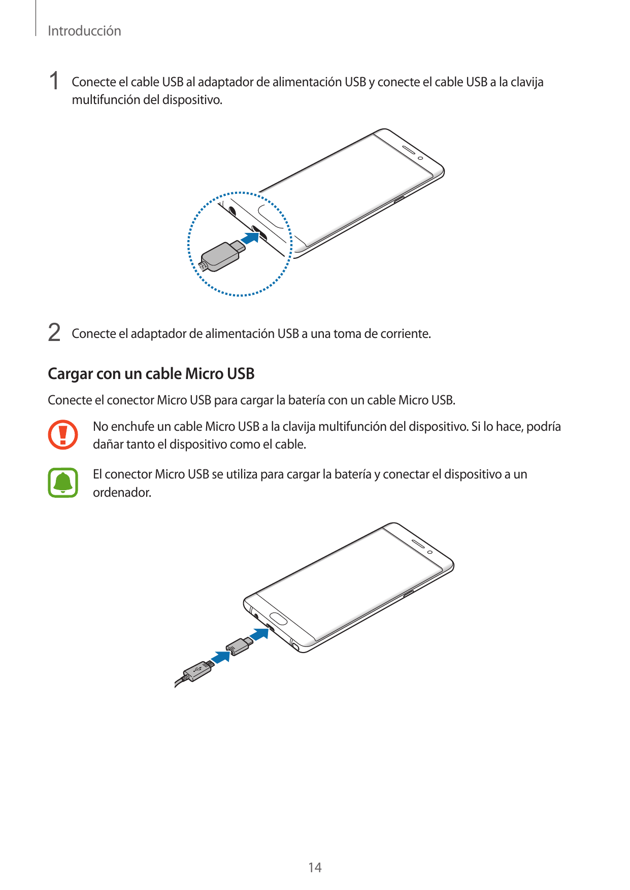 Introducción1 Conecte el cable USB al adaptador de alimentación USB y conecte el cable USB a la clavijamultifunción del disposit
