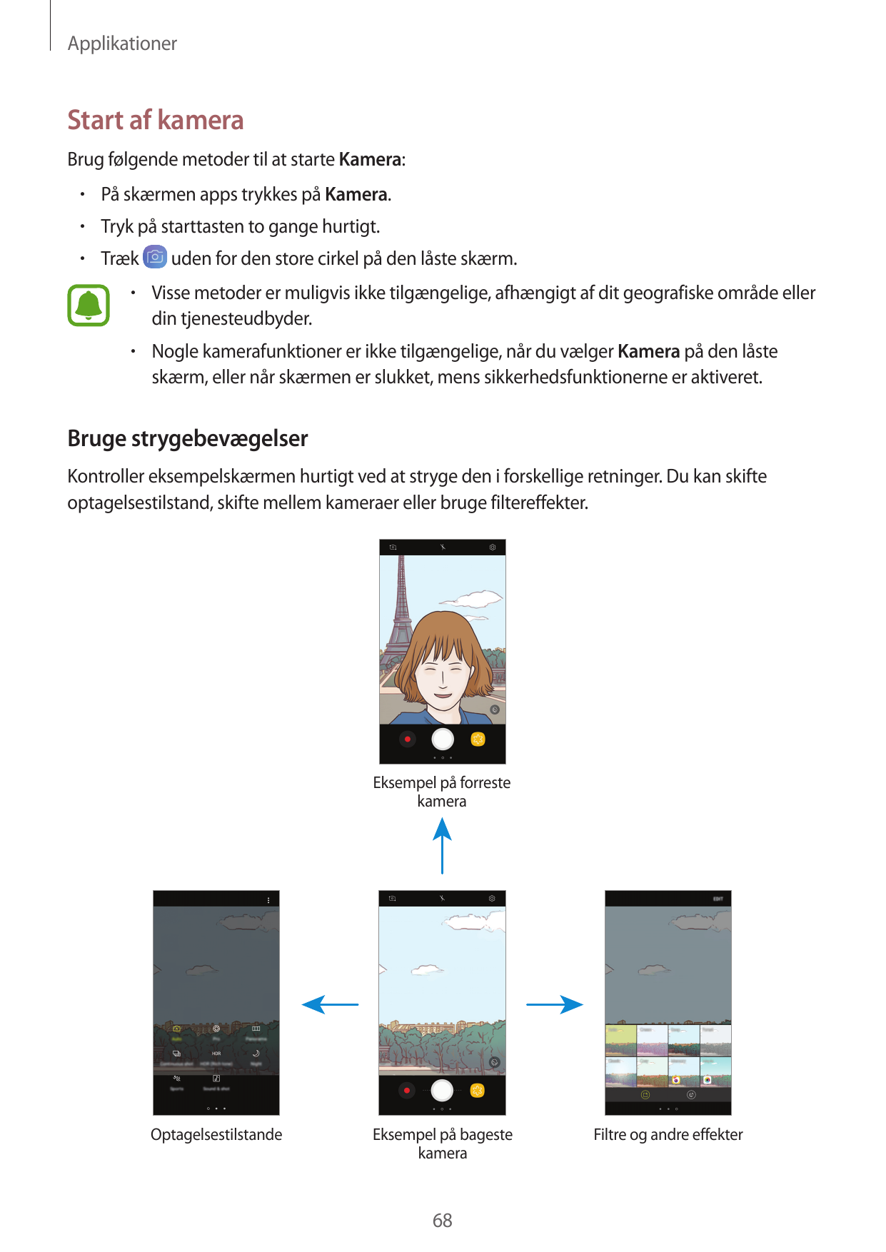 ApplikationerStart af kameraBrug følgende metoder til at starte Kamera:• På skærmen apps trykkes på Kamera.• Tryk på starttasten