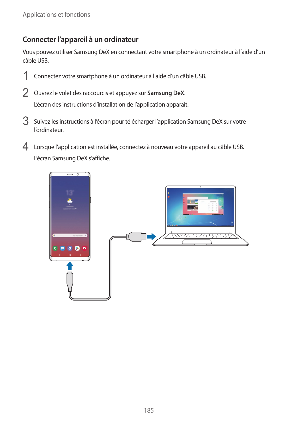 Applications et fonctionsConnecter l’appareil à un ordinateurVous pouvez utiliser Samsung DeX en connectant votre smartphone à u
