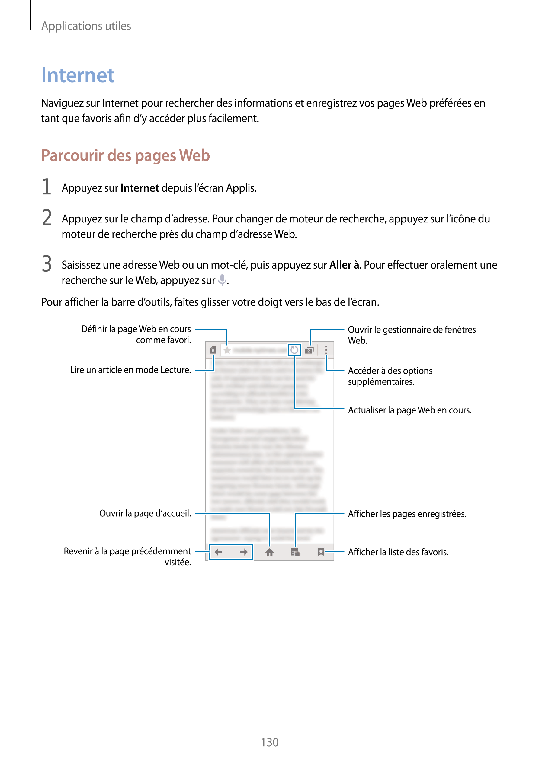 Applications utiles
Internet
Naviguez sur Internet pour rechercher des informations et enregistrez vos pages Web préférées en 
t