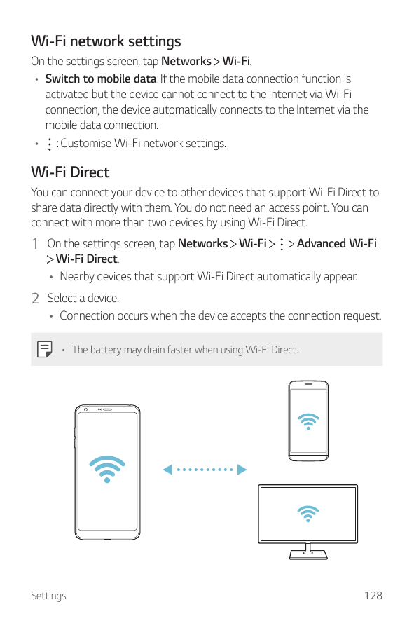 Wi-Fi network settingsOn the settings screen, tap Networks Wi-Fi.• Switch to mobile data: If the mobile data connection function