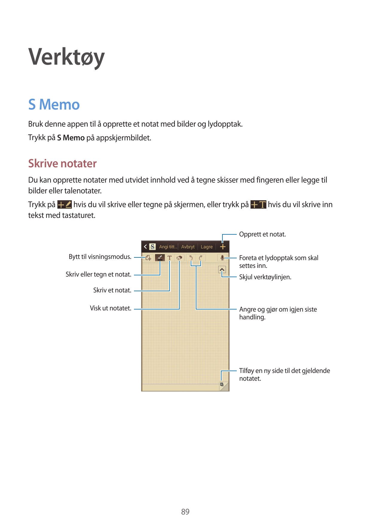 VerktøyS MemoBruk denne appen til å opprette et notat med bilder og lydopptak.Trykk på S Memo på appskjermbildet.Skrive notaterD