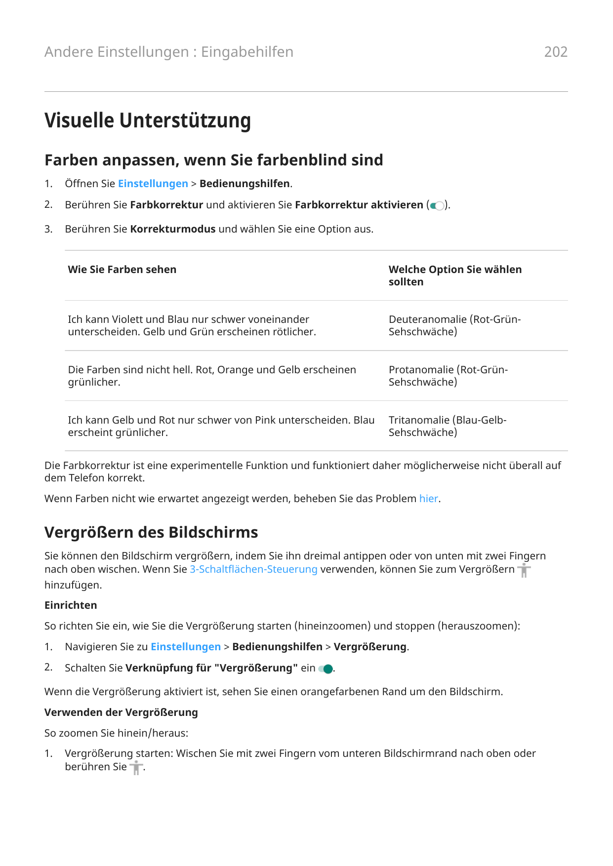 202Andere Einstellungen : EingabehilfenVisuelle UnterstützungFarben anpassen, wenn Sie farbenblind sind1.Öffnen Sie Einstellunge