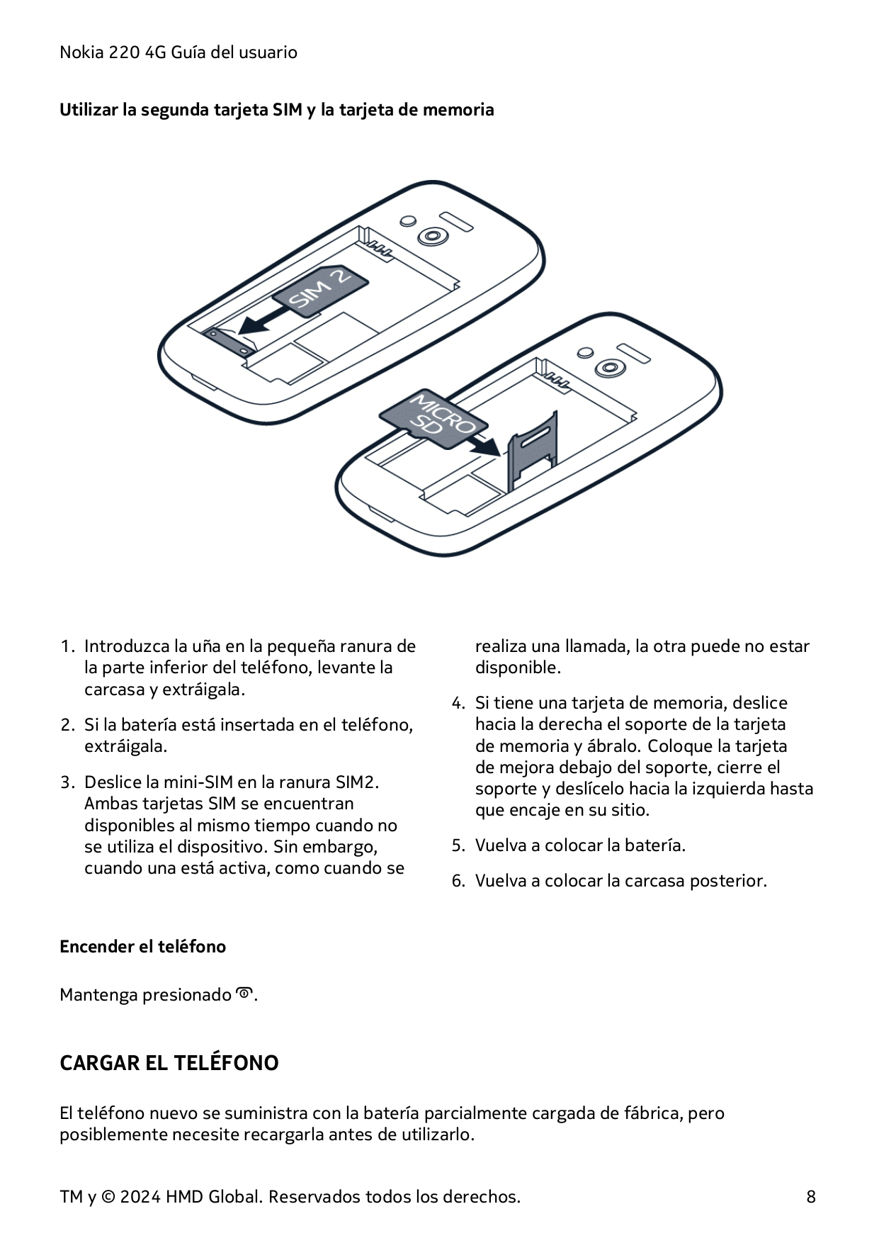 Nokia 220 4G Guía del usuarioUtilizar la segunda tarjeta SIM y la tarjeta de memoria1. Introduzca la uña en la pequeña ranura de