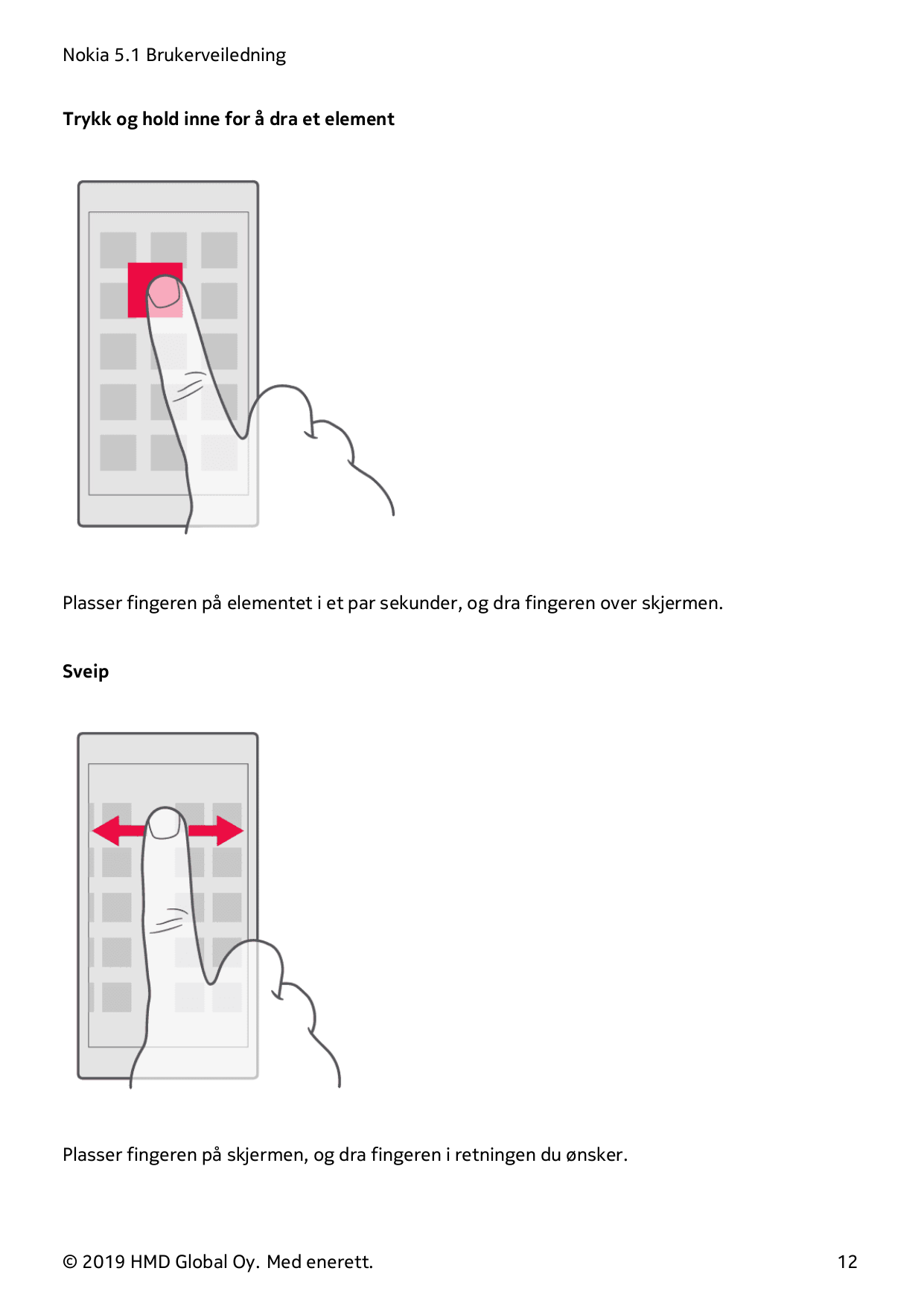 Nokia 5.1 BrukerveiledningTrykk og hold inne for å dra et elementPlasser fingeren på elementet i et par sekunder, og dra fingere