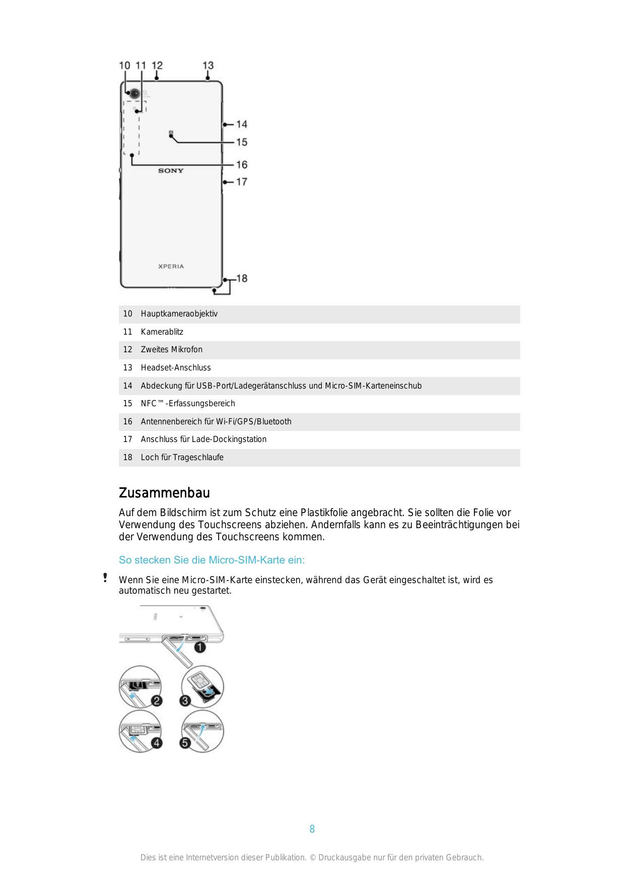 10Hauptkameraobjektiv11Kamerablitz12Zweites Mikrofon13Headset-Anschluss14Abdeckung für USB-Port/Ladegerätanschluss und Micro-SIM