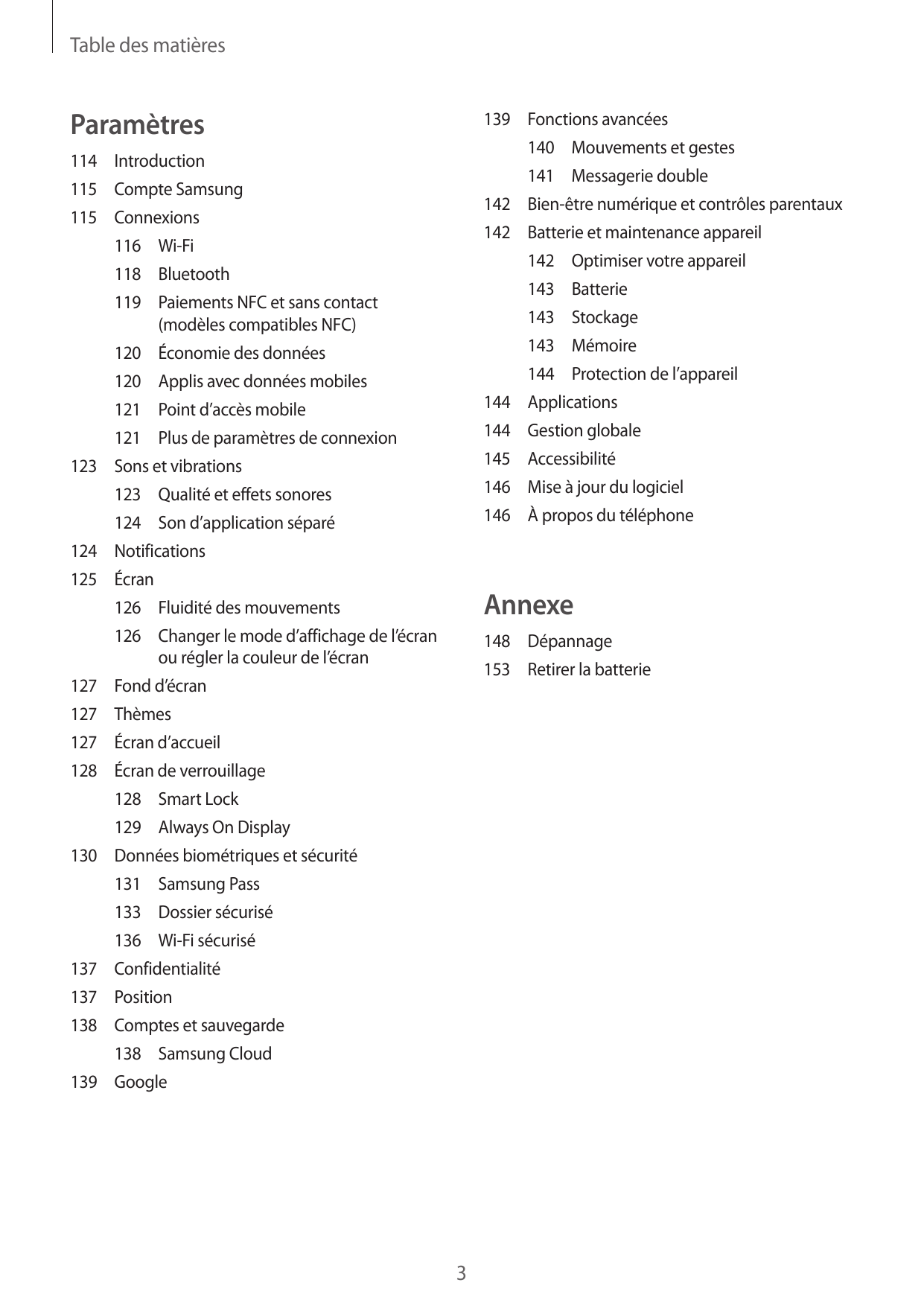 Table des matièresParamètres139 Fonctions avancées140 Mouvements et gestes114Introduction141 Messagerie double115 Compte Samsung