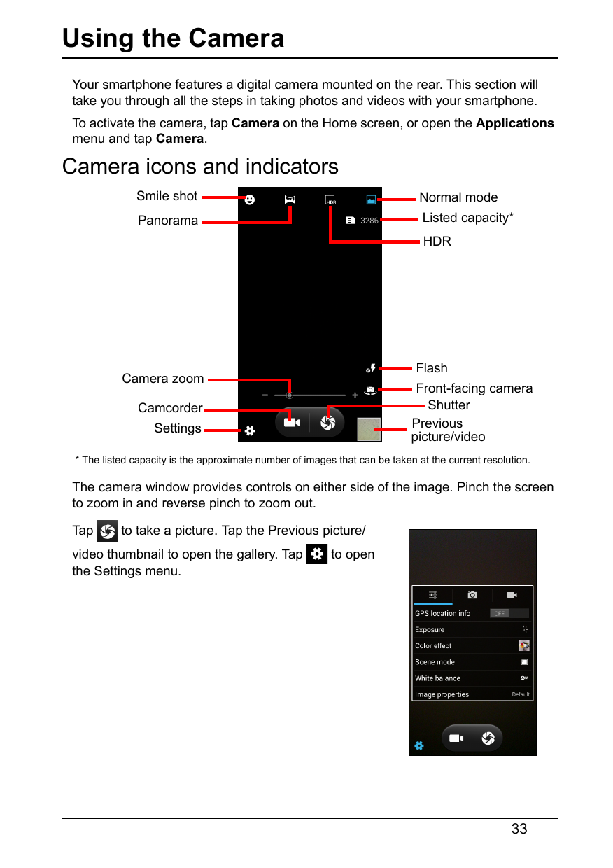 Using the CameraYour smartphone features a digital camera mounted on the rear. This section willtake you through all the steps i