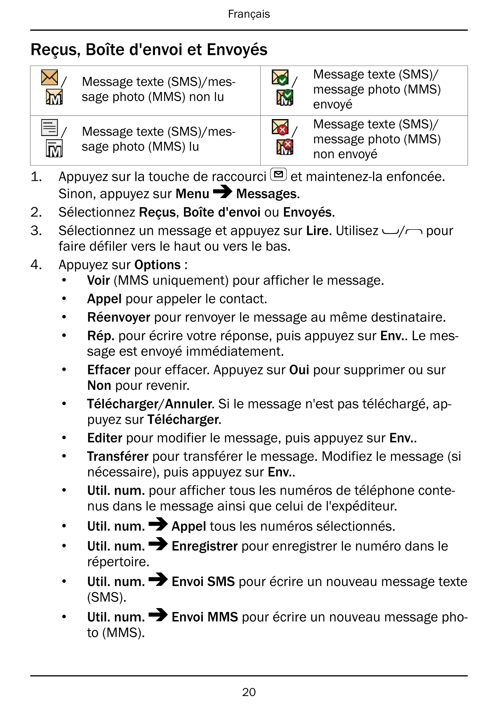 Français
Reçus, Boîte d'envoi et Envoyés
/ Message texte (SMS)/mes- / message photo (MMS)Message texte (SMS)/sage photo (MMS) no