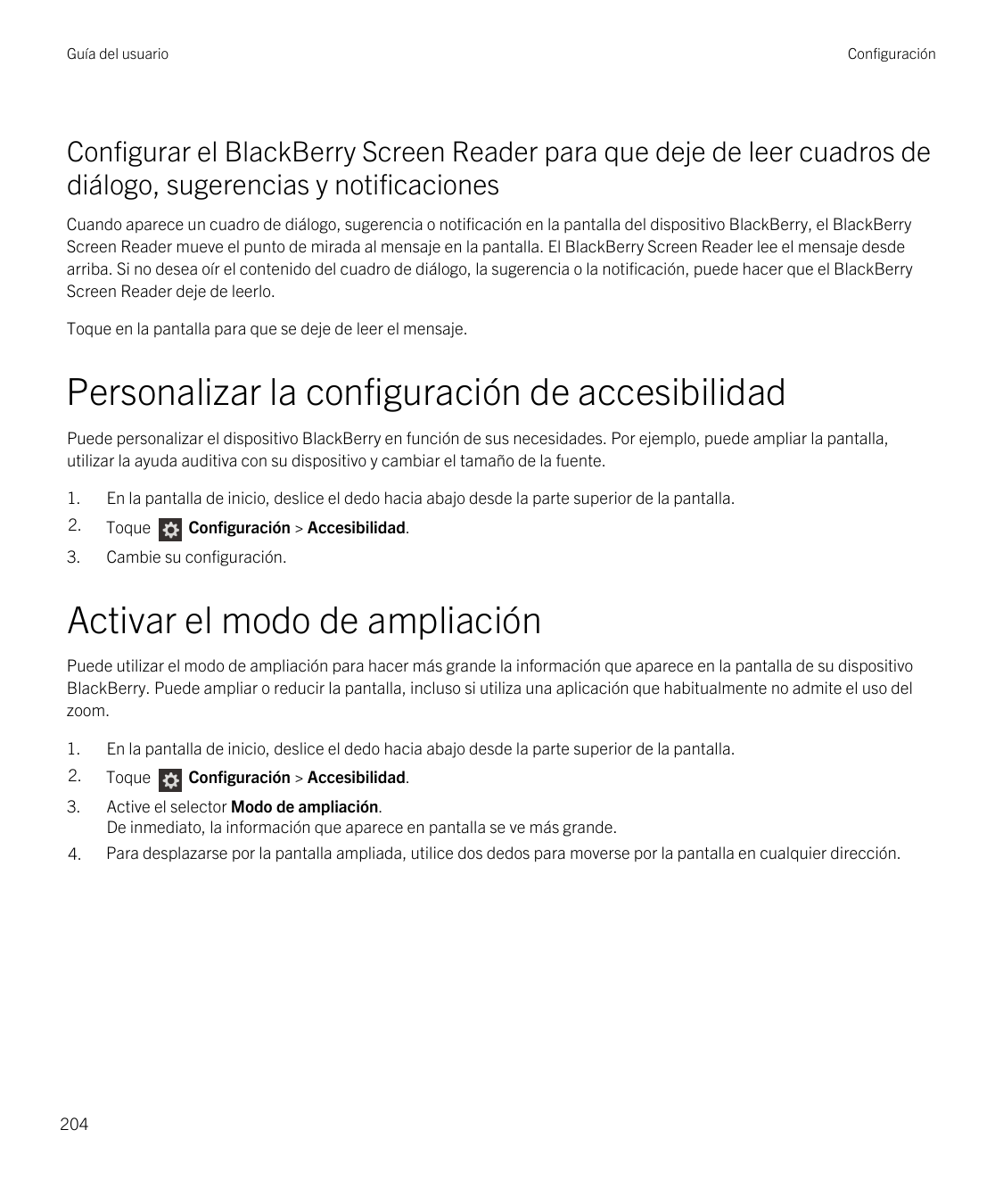 Guía del usuarioConfiguraciónConfigurar el BlackBerry Screen Reader para que deje de leer cuadros dediálogo, sugerencias y notif