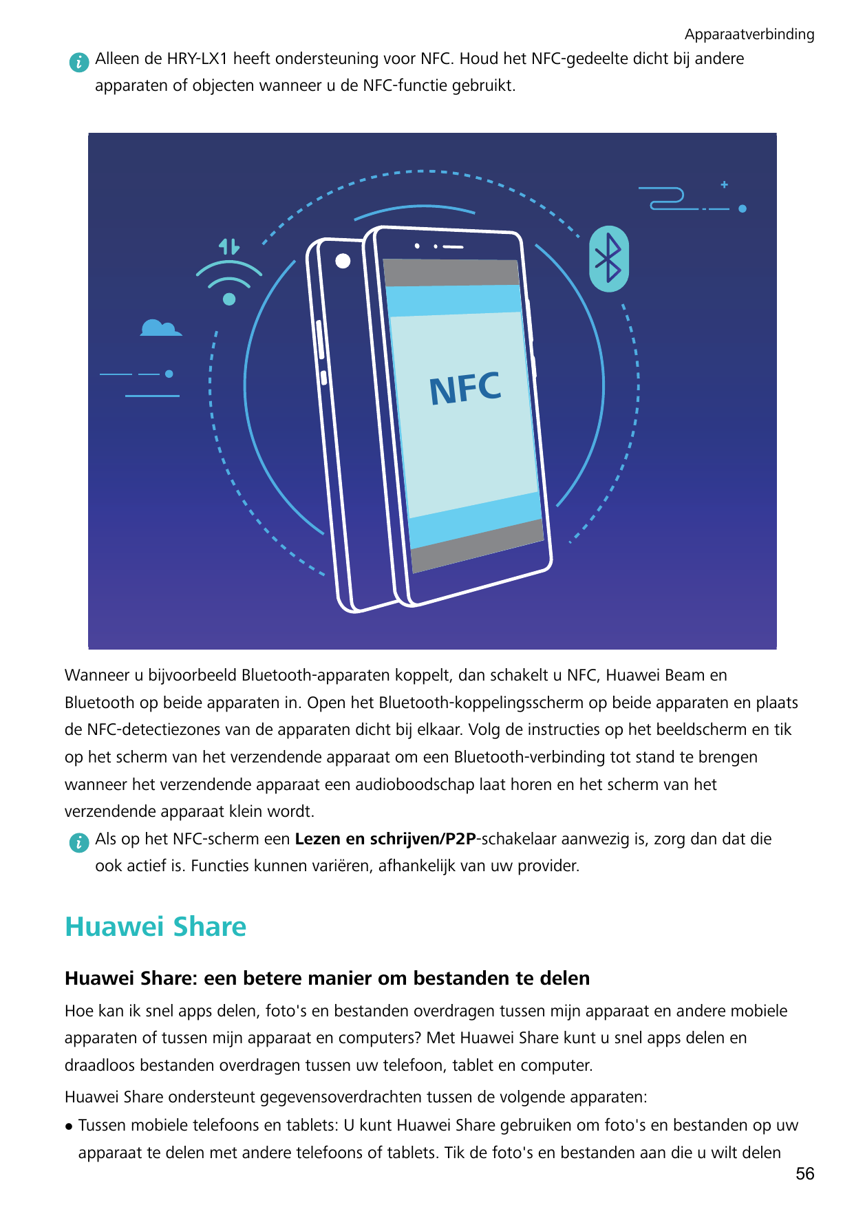 ApparaatverbindingAlleen de HRY-LX1 heeft ondersteuning voor NFC. Houd het NFC-gedeelte dicht bij andereapparaten of objecten wa