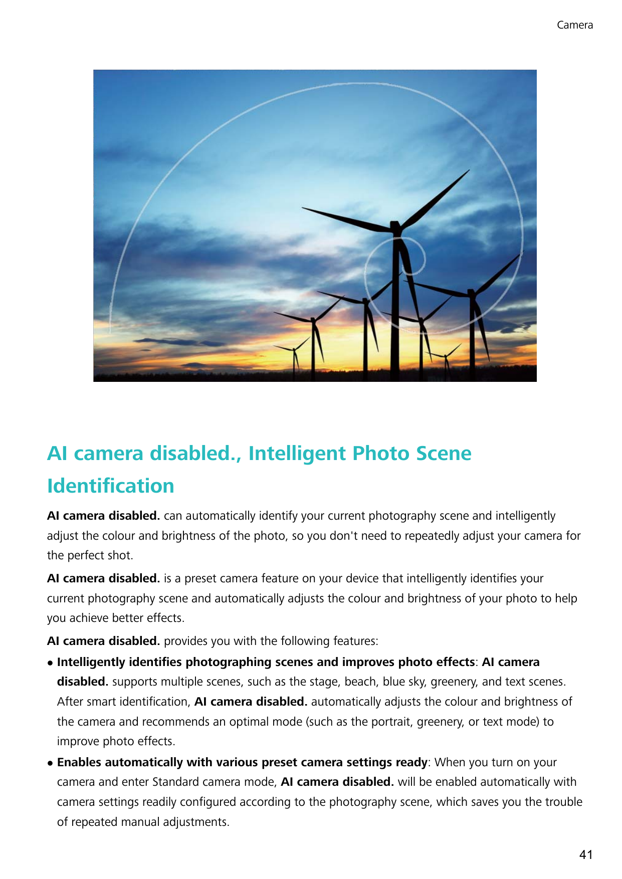 CameraAI camera disabled., Intelligent Photo SceneIdentificationAI camera disabled. can automatically identify your current phot