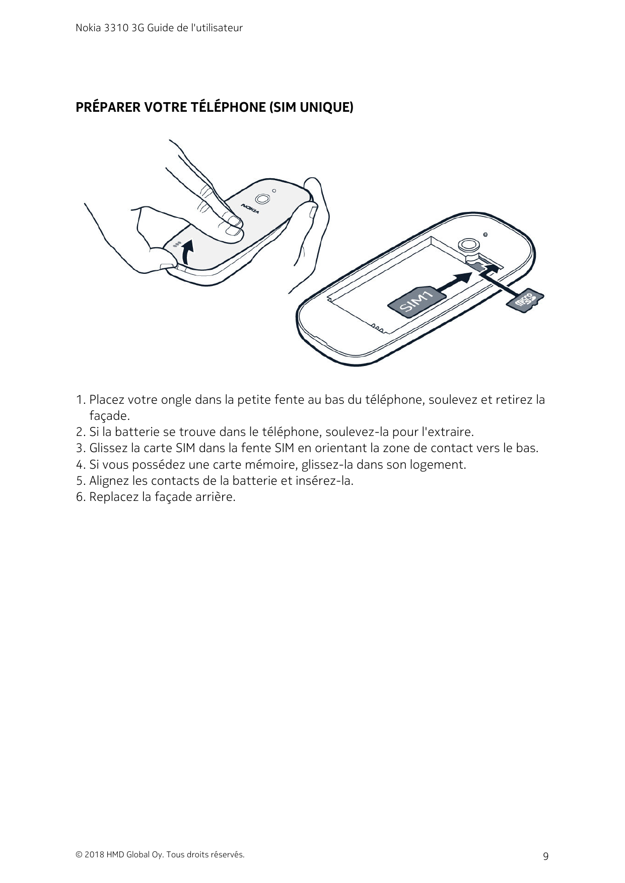 Nokia 3310 3G Guide de l'utilisateurPRÉPARER VOTRE TÉLÉPHONE (SIM UNIQUE)1. Placez votre ongle dans la petite fente au bas du té