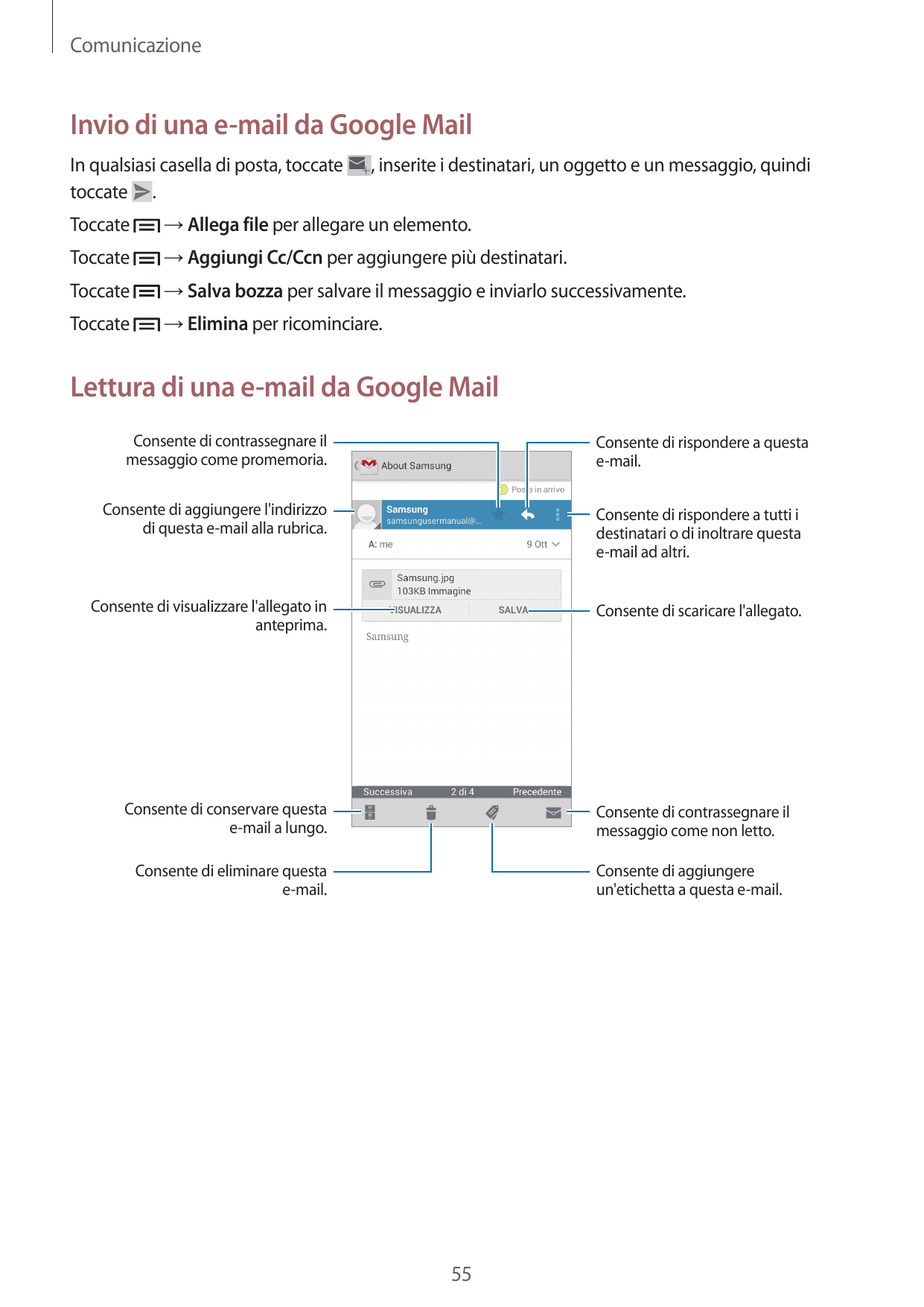 ComunicazioneInvio di una e-mail da Google MailIn qualsiasi casella di posta, toccatetoccate ., inserite i destinatari, un ogget