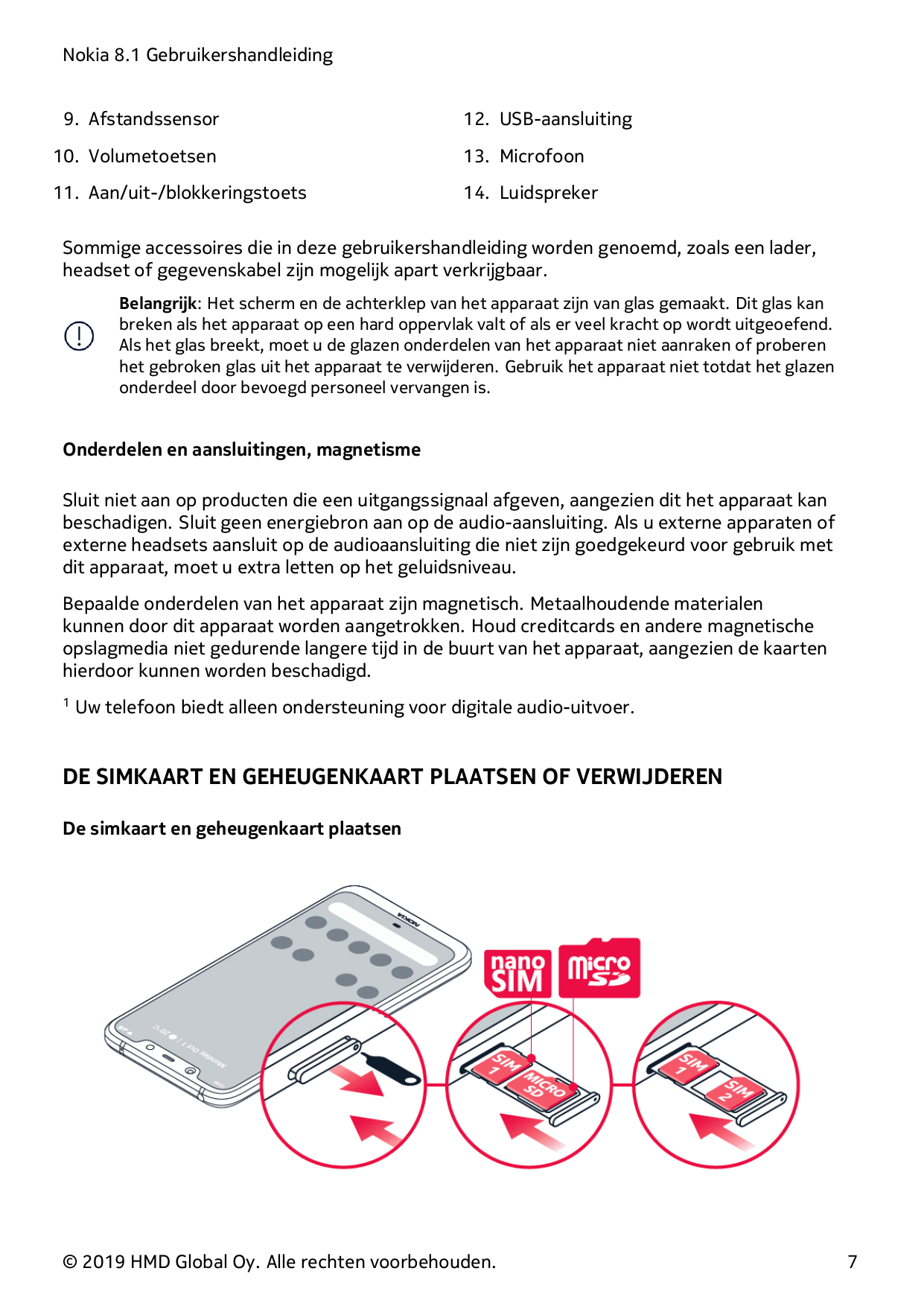 Nokia 8.1 Gebruikershandleiding9. Afstandssensor12. USB-aansluiting10. Volumetoetsen13. Microfoon11. Aan/uit-/blokkeringstoets14