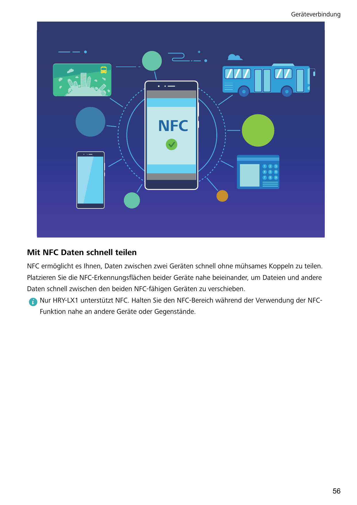 GeräteverbindungNFC123456789Mit NFC Daten schnell teilenNFC ermöglicht es Ihnen, Daten zwischen zwei Geräten schnell ohne mühsam