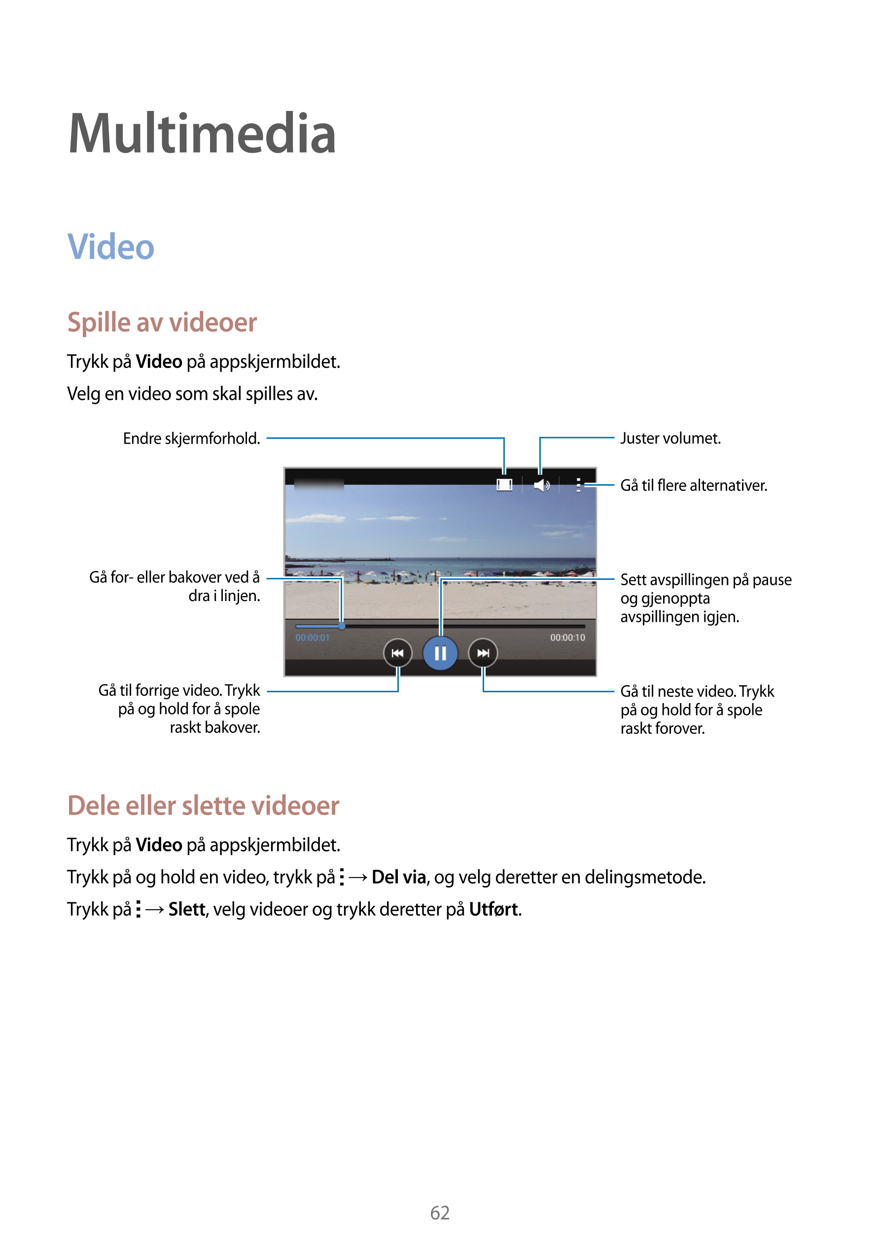 Multimedia
Video
Spille av videoer
Trykk på  Video på appskjermbildet.
Velg en video som skal spilles av.
Endre skjermforhold. J