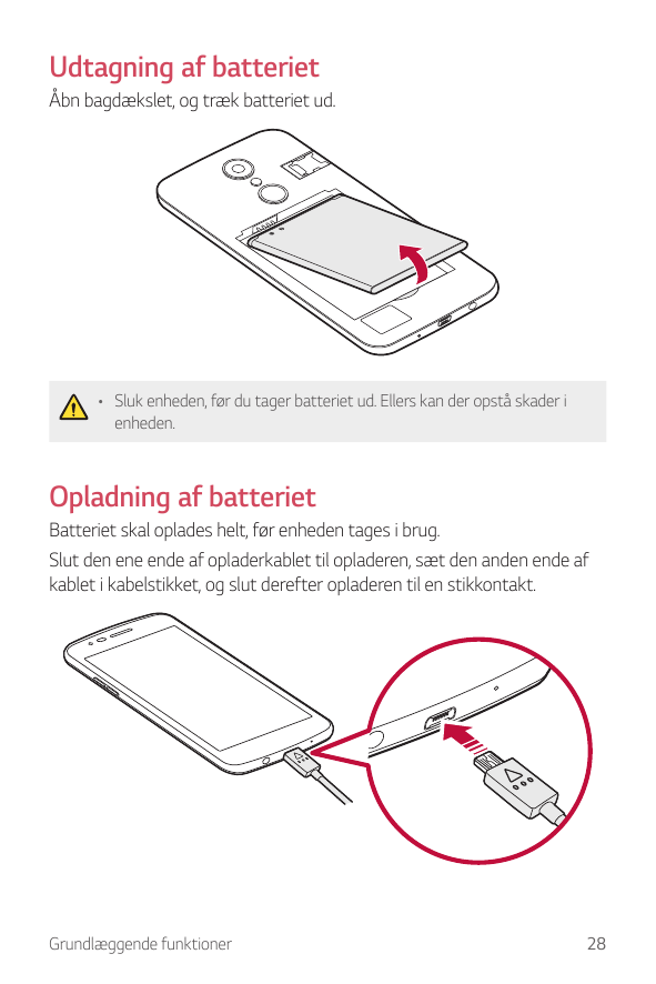 Udtagning af batterietÅbn bagdækslet, og træk batteriet ud.• Sluk enheden, før du tager batteriet ud. Ellers kan der opstå skade