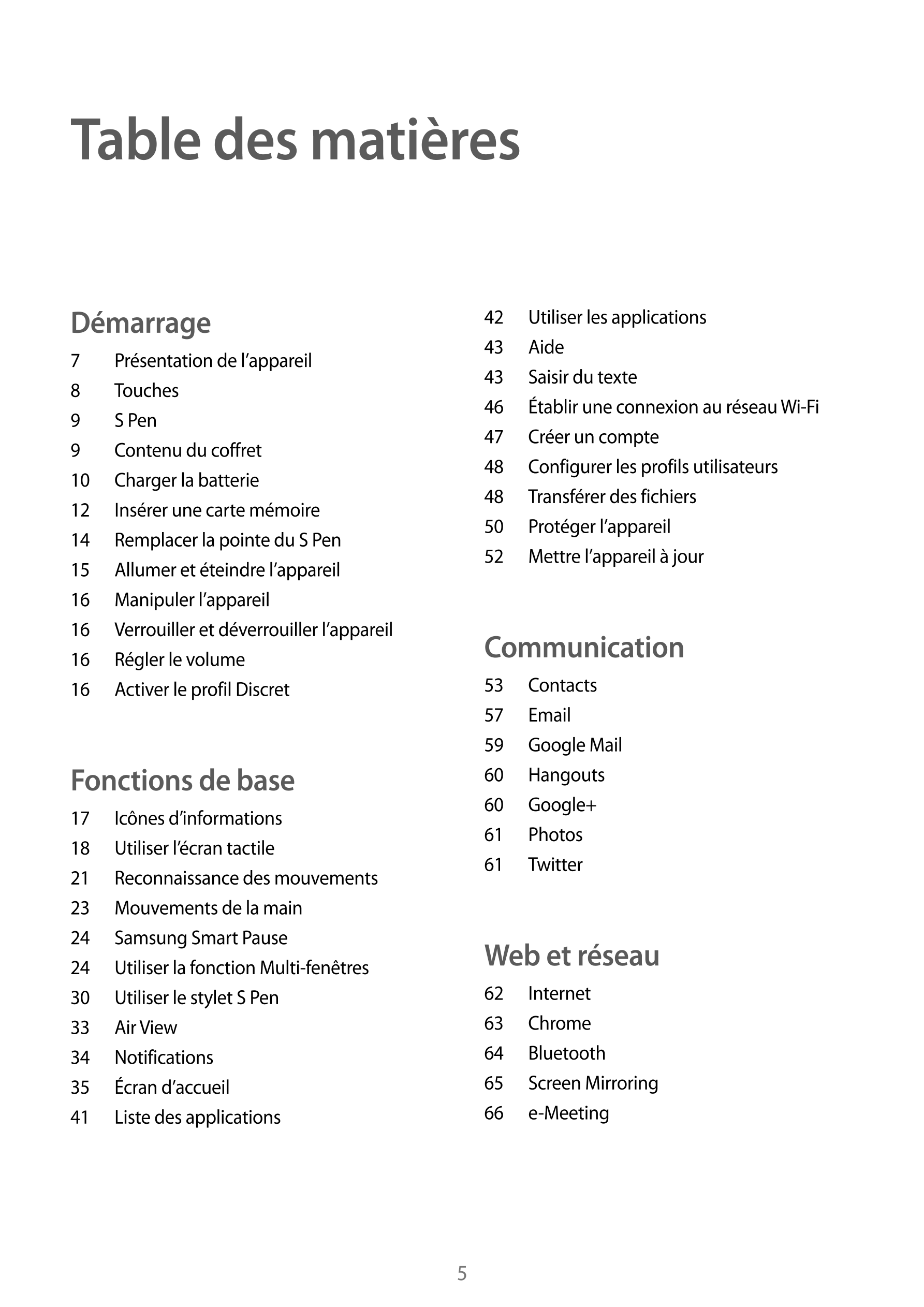 Table des matières
Démarrage 42  Utiliser les applications
43  Aide
7  Présentation de l’appareil
43  Saisir du texte
8  Touches