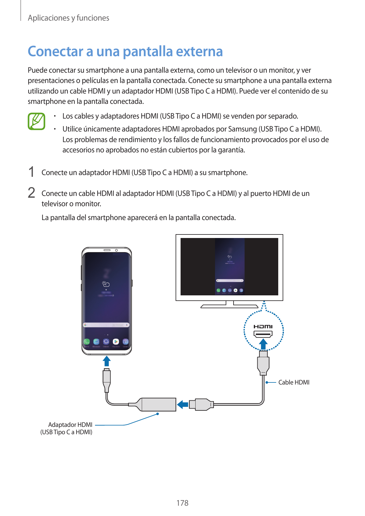 Aplicaciones y funcionesConectar a una pantalla externaPuede conectar su smartphone a una pantalla externa, como un televisor o 