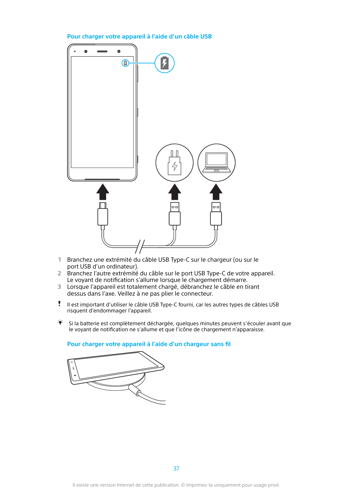 Pour charger votre appareil à l’aide d’un câble USB123Branchez une extrémité du câble USB Type-C sur le chargeur (ou sur leport 