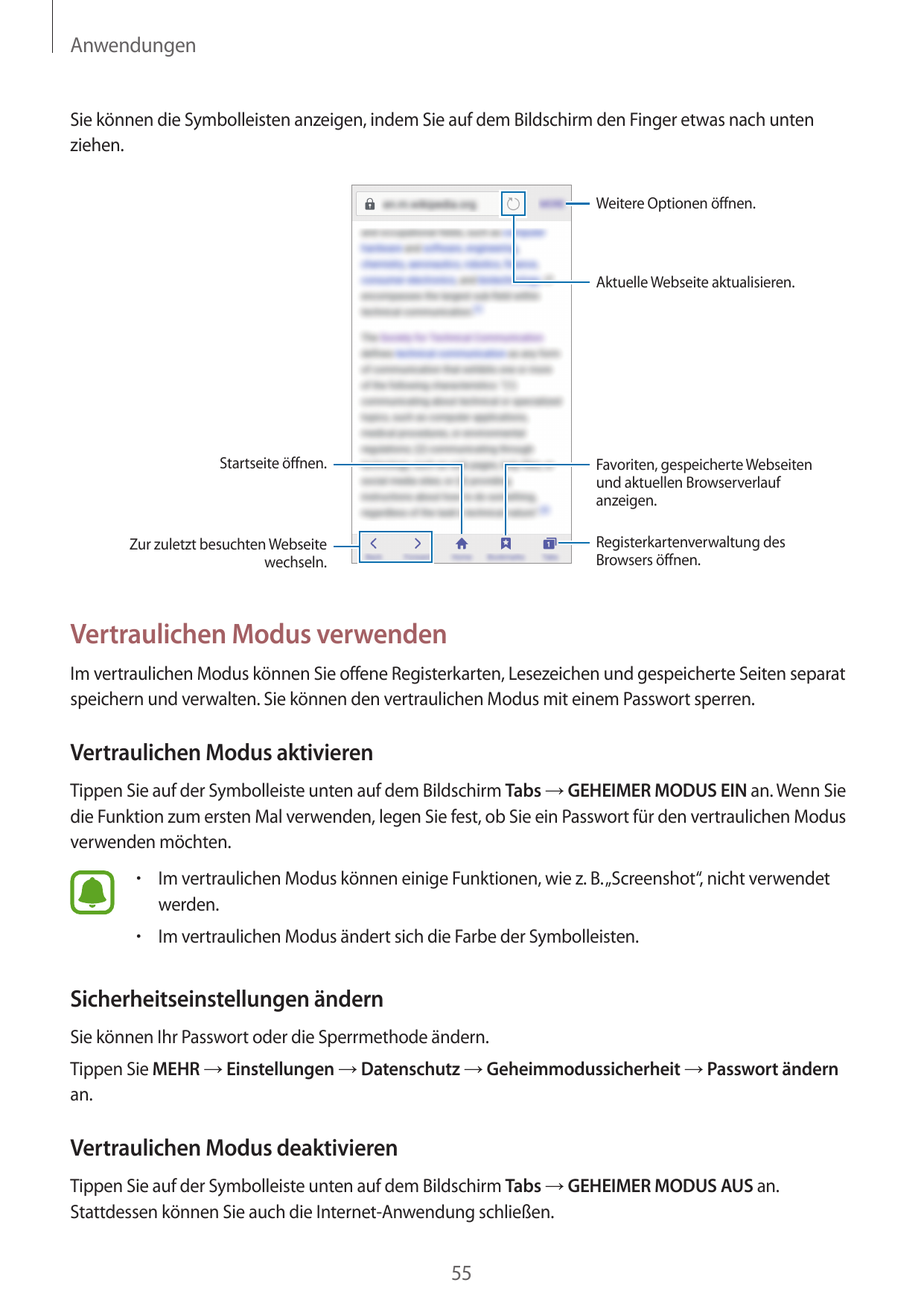 AnwendungenSie können die Symbolleisten anzeigen, indem Sie auf dem Bildschirm den Finger etwas nach untenziehen.Weitere Optione