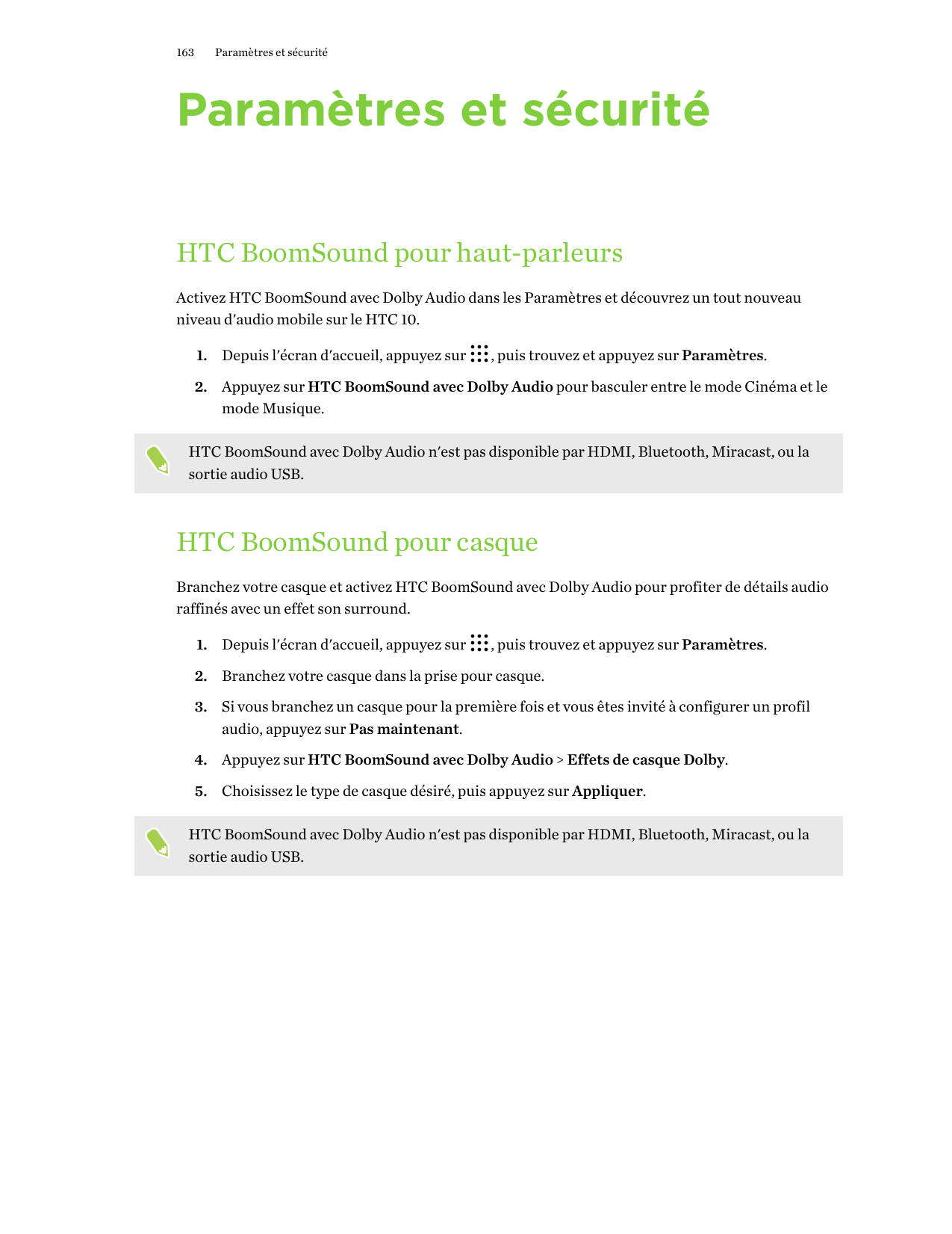 163Paramètres et sécuritéParamètres et sécuritéHTC BoomSound pour haut-parleursActivez HTC BoomSound avec Dolby Audio dans les P
