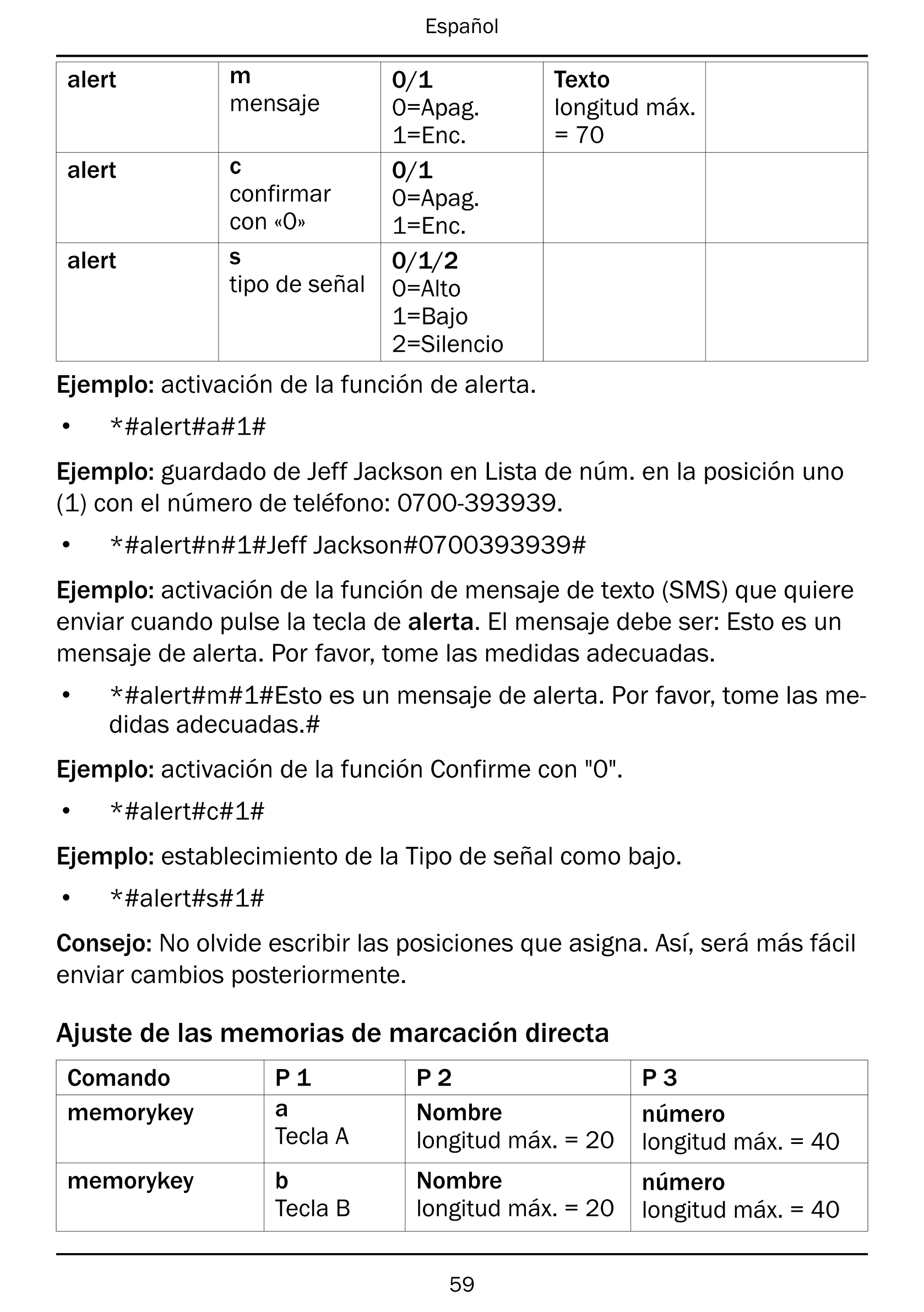 Español
alert m 0/1 Texto
mensaje 0=Apag. longitud máx.
1=Enc. = 70
alert c 0/1
confirmar 0=Apag.
con «0» 1=Enc.
alert s 0/1/2
t