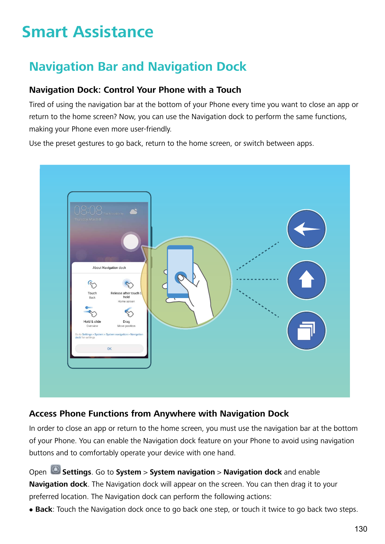 Smart AssistanceNavigation Bar and Navigation DockNavigation Dock: Control Your Phone with a TouchTired of using the navigation 