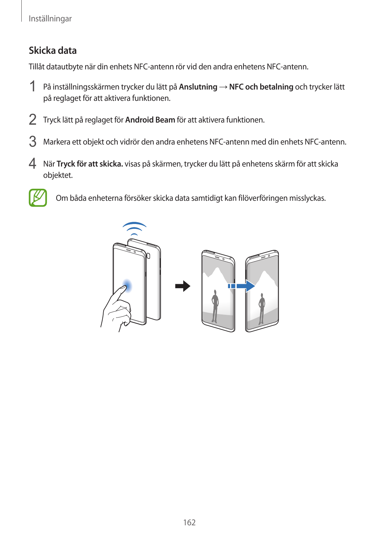 InställningarSkicka dataTillåt datautbyte när din enhets NFC-antenn rör vid den andra enhetens NFC-antenn.1 På inställningsskärm