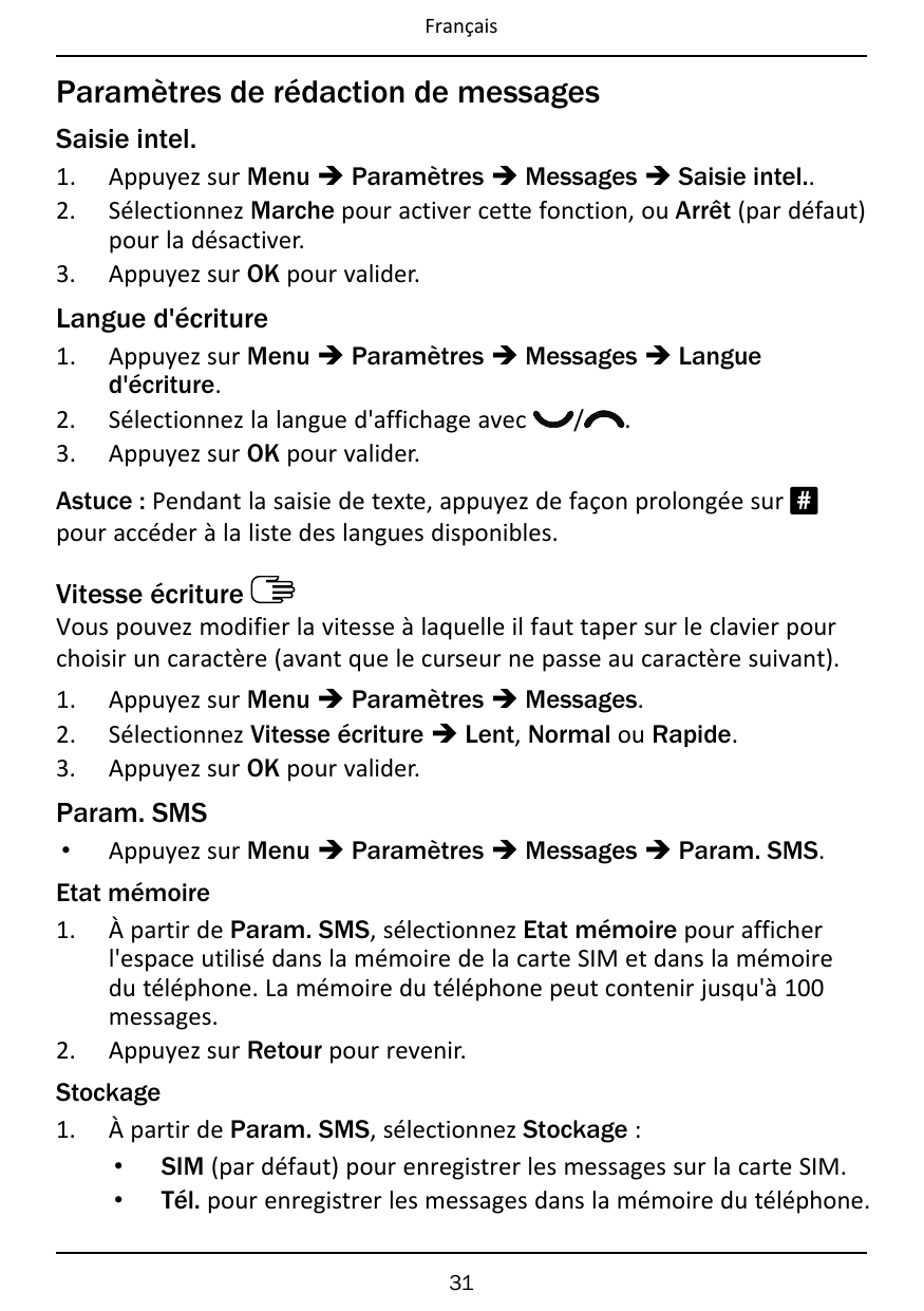 FrançaisParamètres de rédaction de messagesSaisie intel.1.2.3.Appuyez sur Menu � Paramètres � Messages � Saisie intel..Sélection