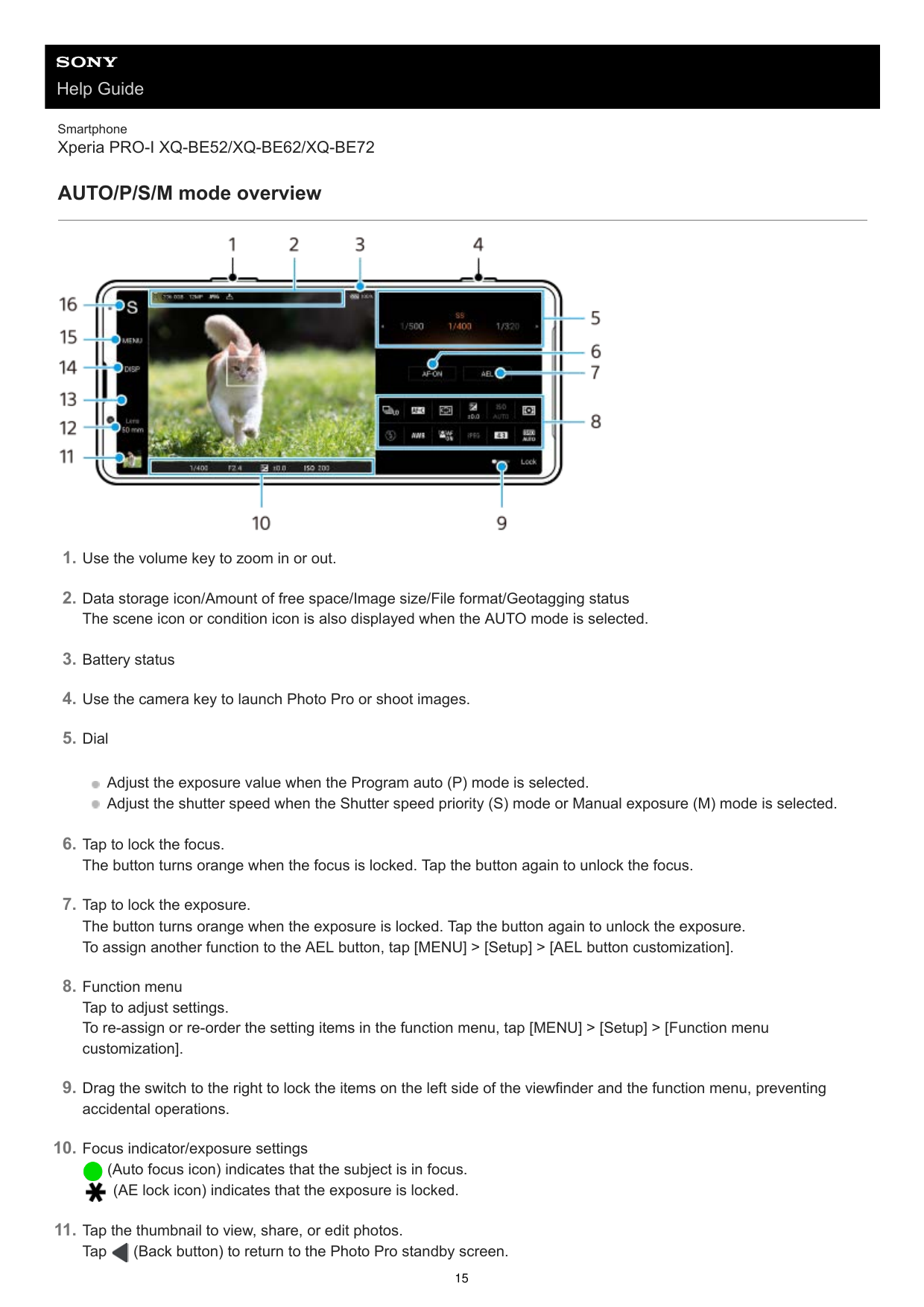 Help GuideSmartphoneXperia PRO-I XQ-BE52/XQ-BE62/XQ-BE72AUTO/P/S/M mode overview1. Use the volume key to zoom in or out.2. Data 
