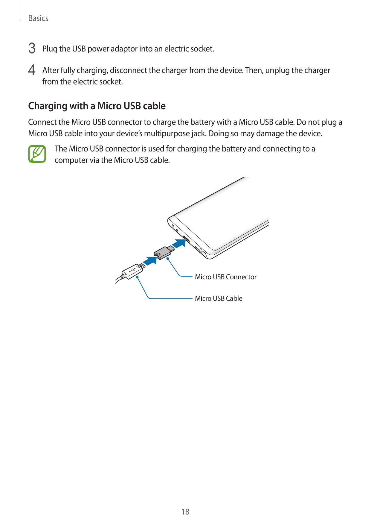 Basics3 Plug the USB power adaptor into an electric socket.4 After fully charging, disconnect the charger from the device. Then,