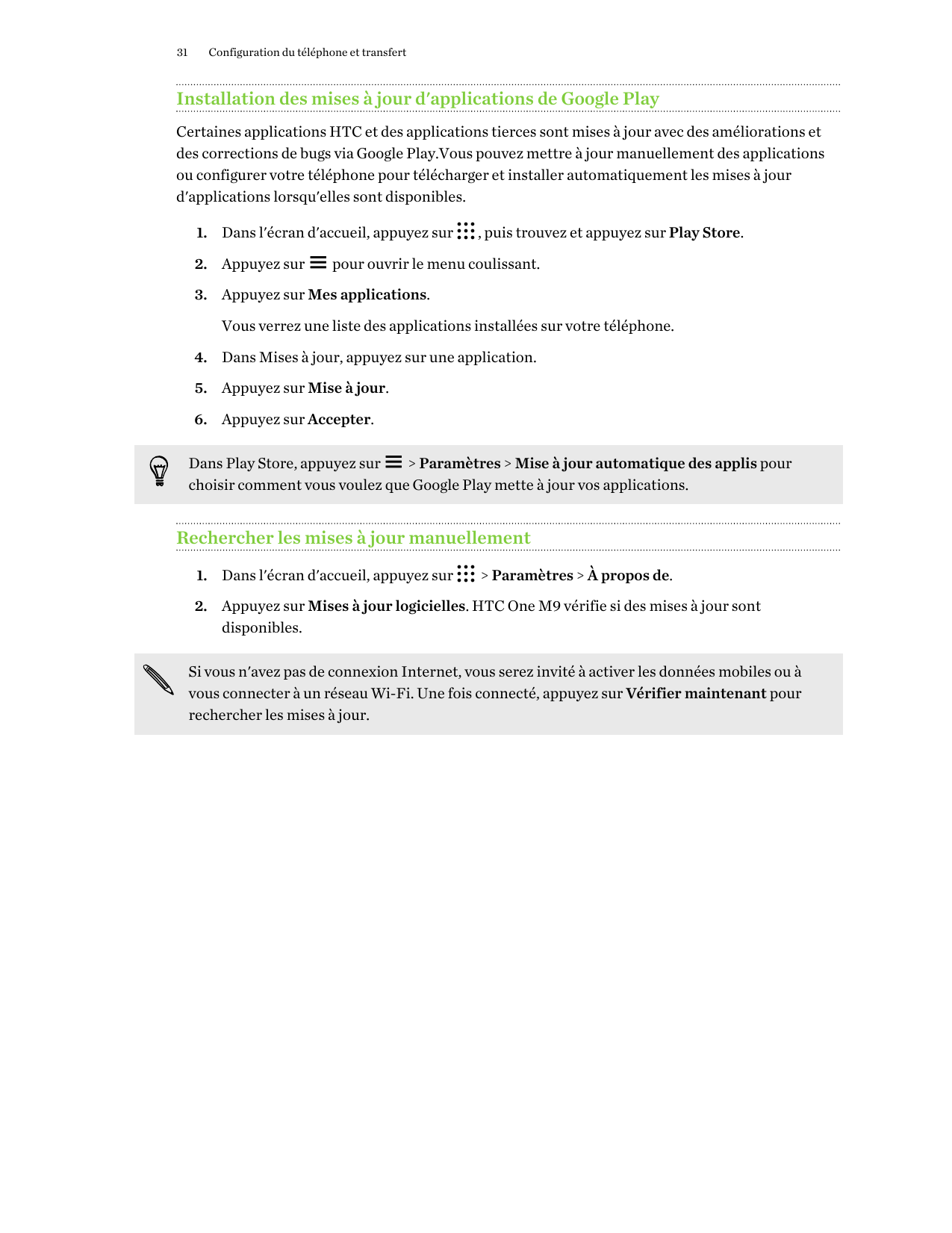 31Configuration du téléphone et transfertInstallation des mises à jour d'applications de Google PlayCertaines applications HTC e