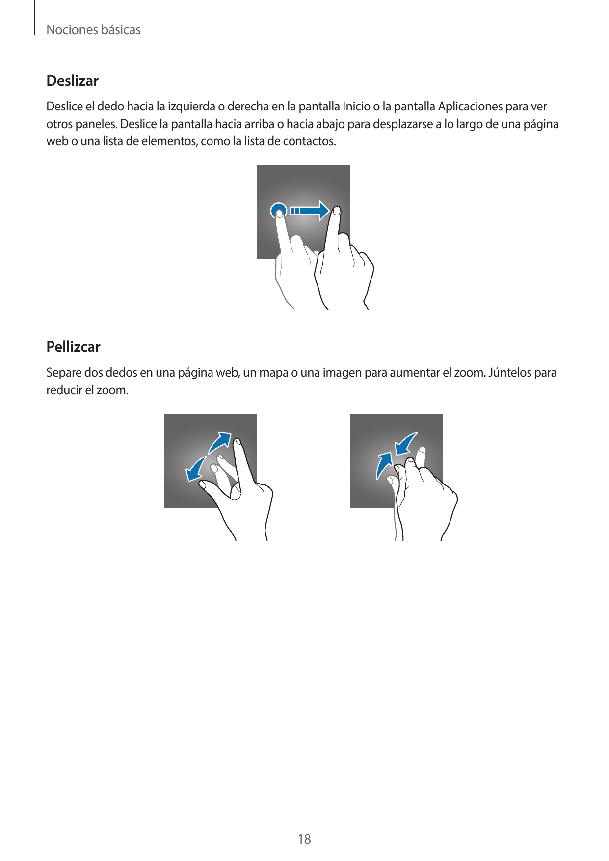 Nociones básicasDeslizarDeslice el dedo hacia la izquierda o derecha en la pantalla Inicio o la pantalla Aplicaciones para verot