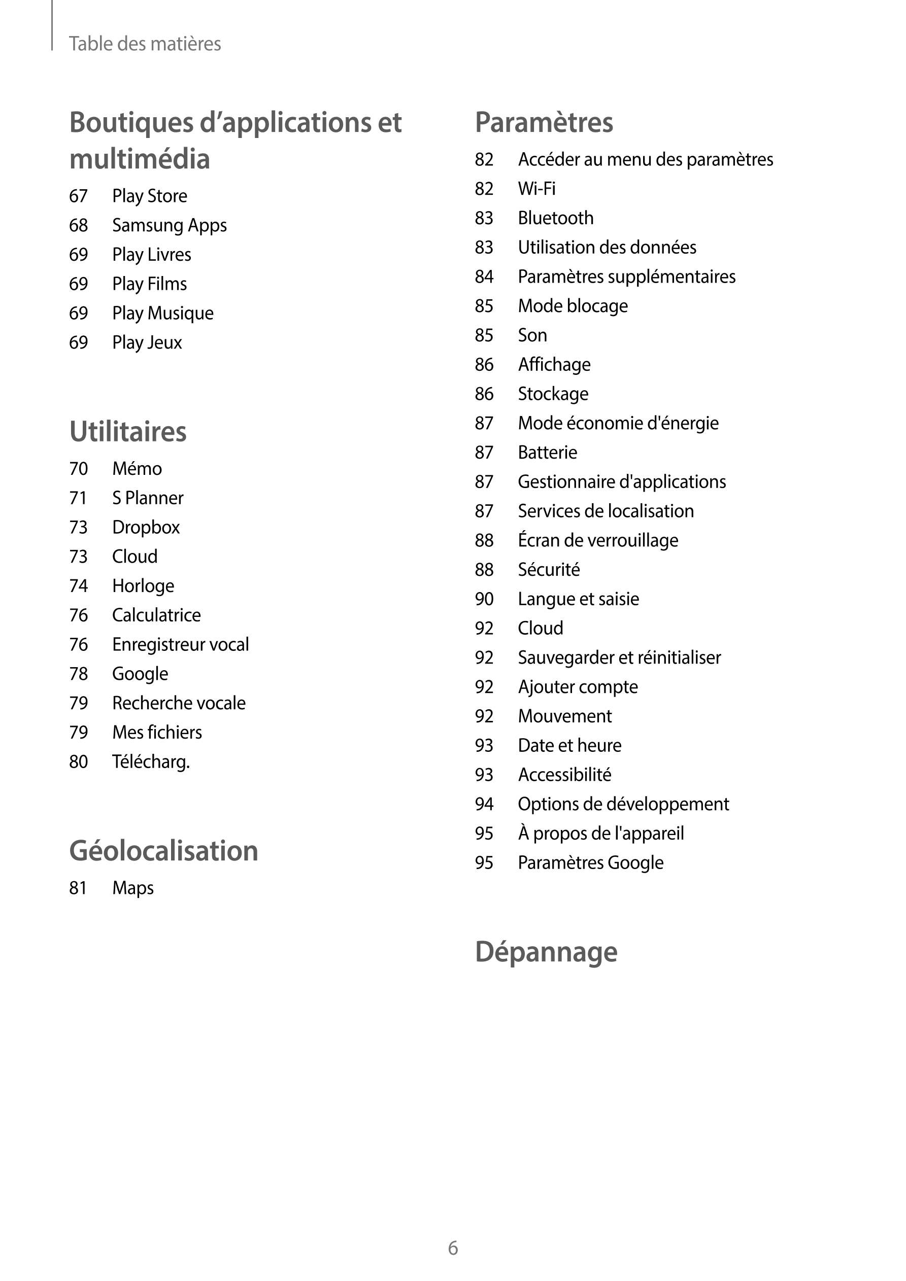 Table des matières
Boutiques d’applications et  Paramètres
multimédia 82  Accéder au menu des paramètres
67  Play Store 82  Wi-F