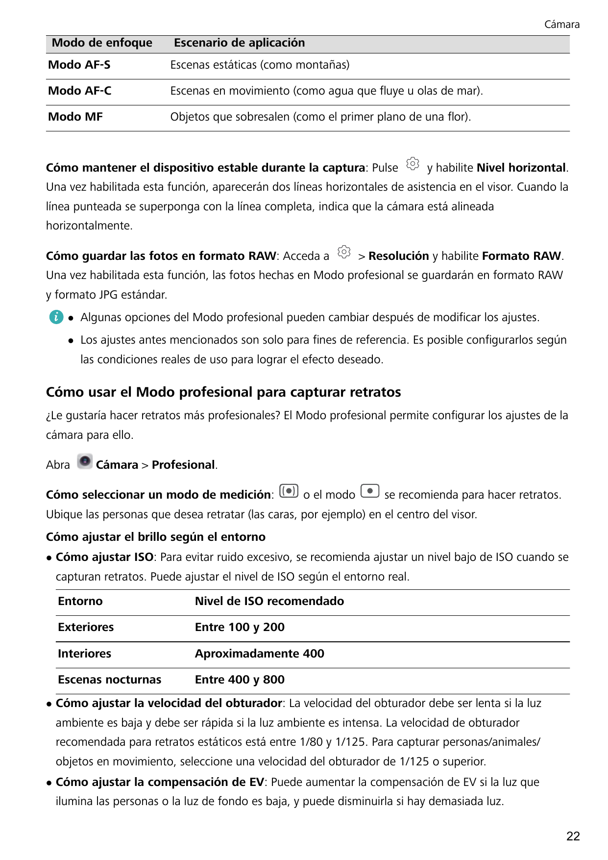 CámaraModo de enfoqueEscenario de aplicaciónModo AF-SEscenas estáticas (como montañas)Modo AF-CEscenas en movimiento (como agua 