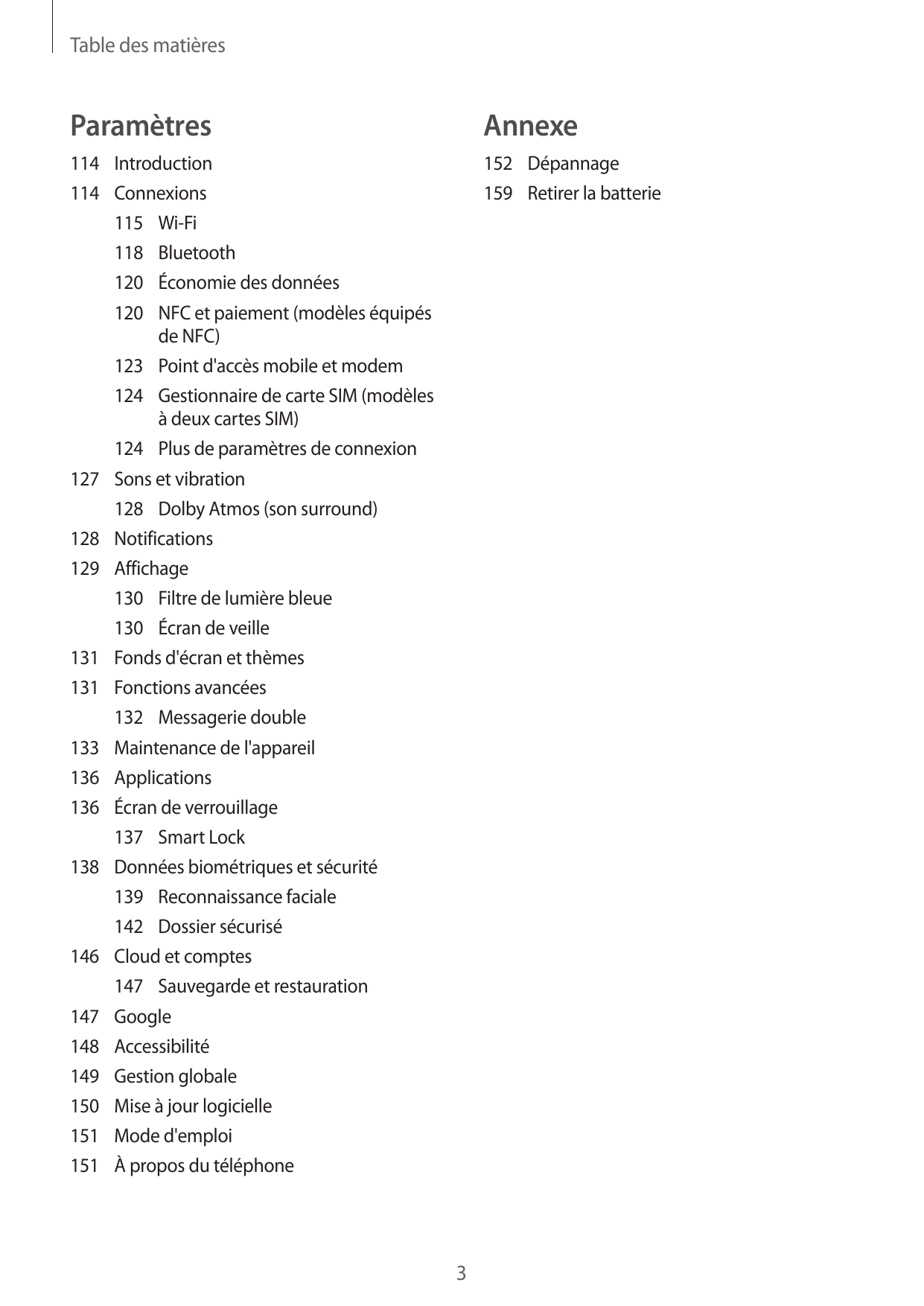 Table des matièresParamètresAnnexe114Introduction114Connexions115Wi-Fi118Bluetooth120 Économie des données120 NFC et paiement (m