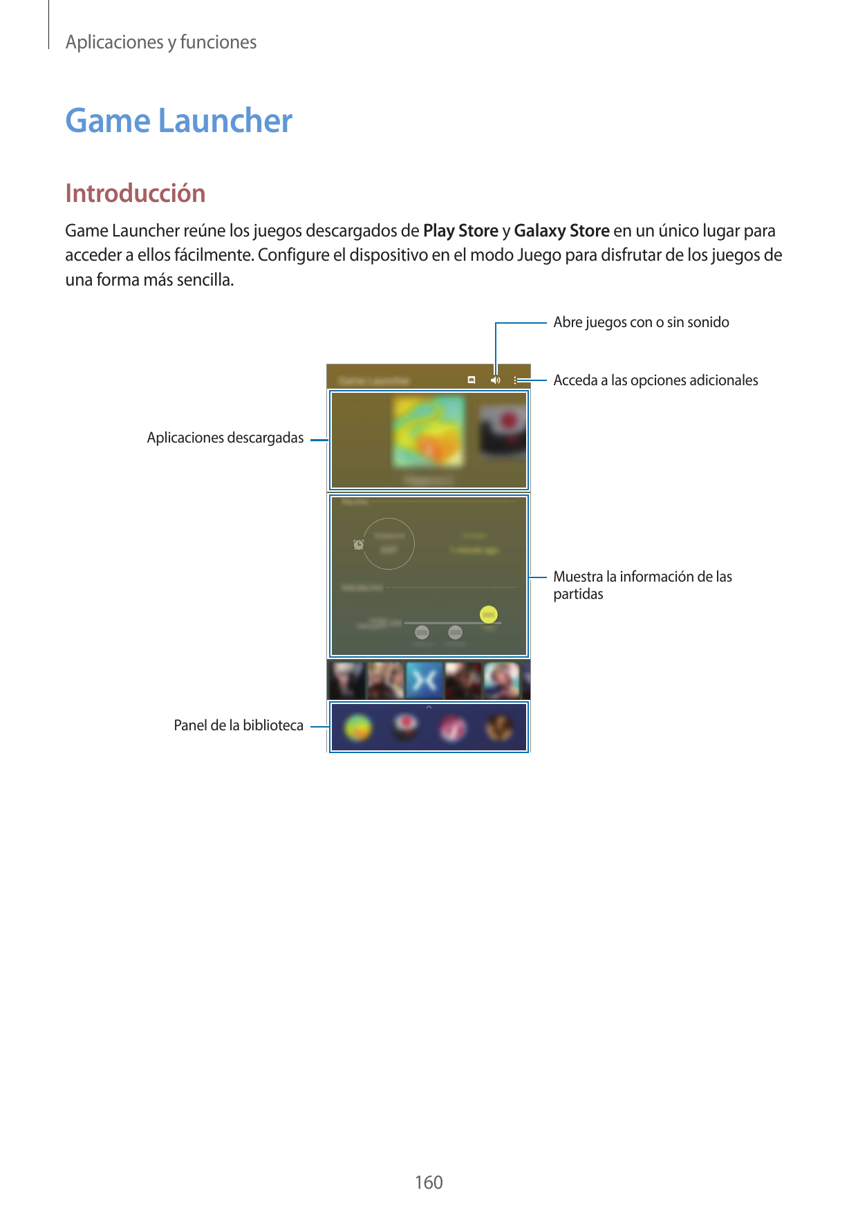 Aplicaciones y funcionesGame LauncherIntroducciónGame Launcher reúne los juegos descargados de Play Store y Galaxy Store en un ú