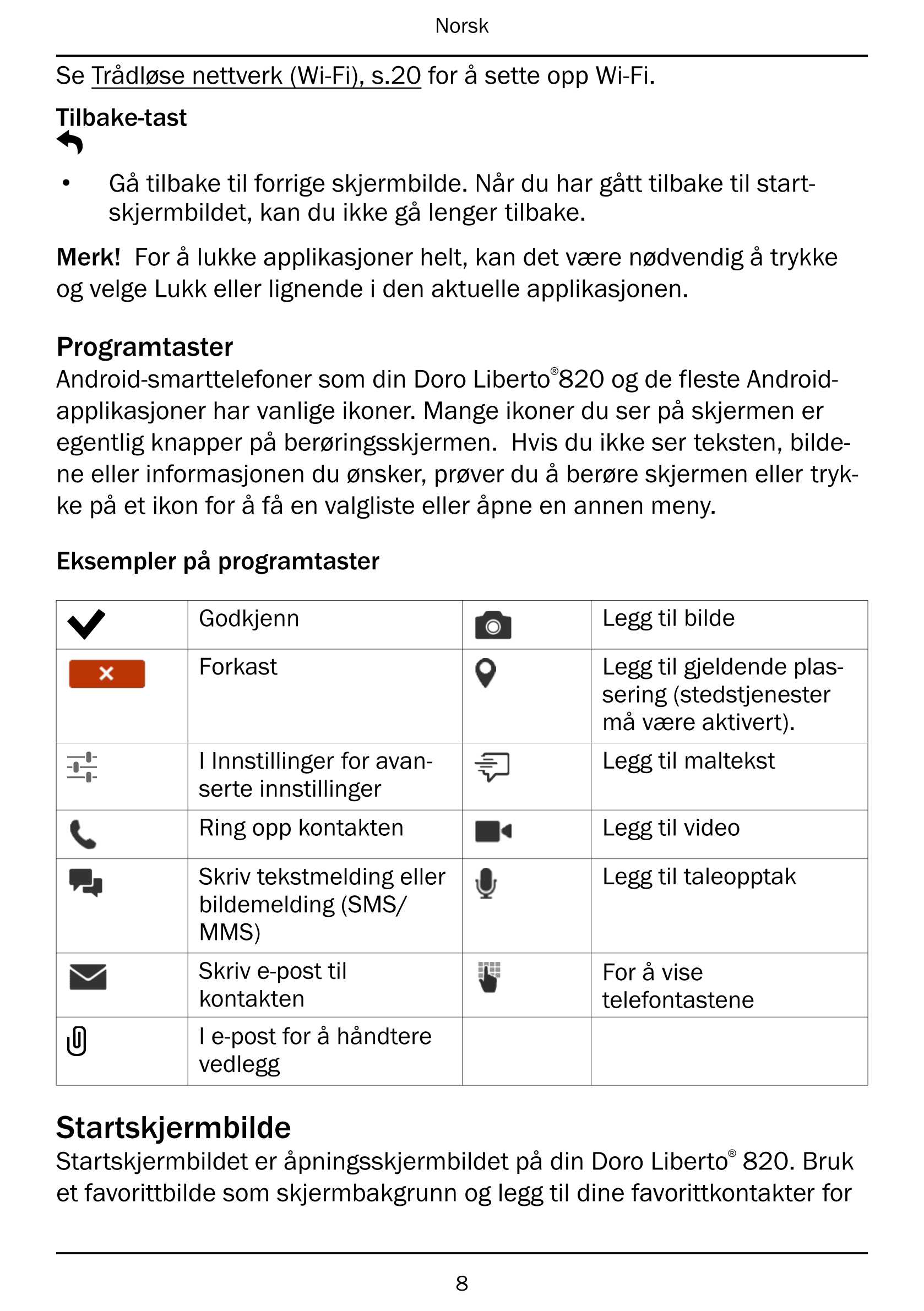 Norsk
Se Trådløse nettverk (Wi-Fi), s.20 for å sette opp Wi-Fi.
Tilbake-tast
• Gå tilbake til forrige skjermbilde. Når du har gå