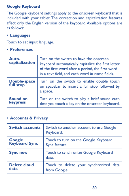 Google KeyboardThe Google keyboard settings apply to the onscreen keyboard that isincluded with your tablet. The correction and 