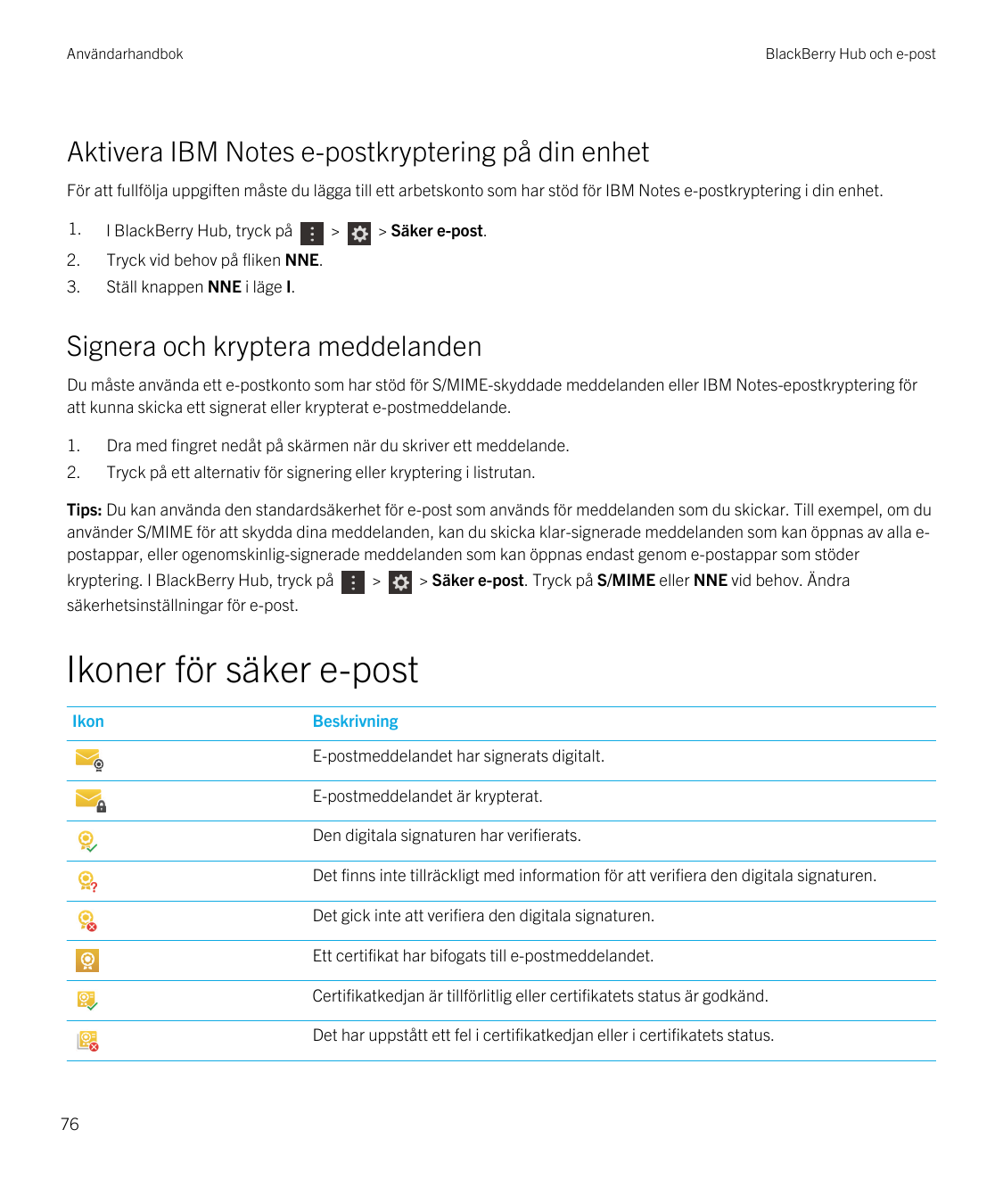 AnvändarhandbokBlackBerry Hub och e-postAktivera IBM Notes e-postkryptering på din enhetFör att fullfölja uppgiften måste du läg