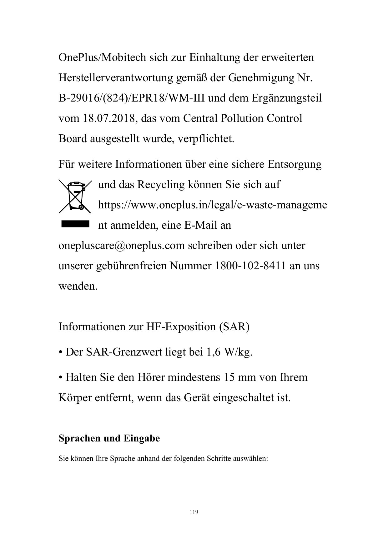 OnePlus/Mobitech sich zur Einhaltung der erweitertenHerstellerverantwortung gemäß der Genehmigung Nr.B-29016/(824)/EPR18/WM-III 