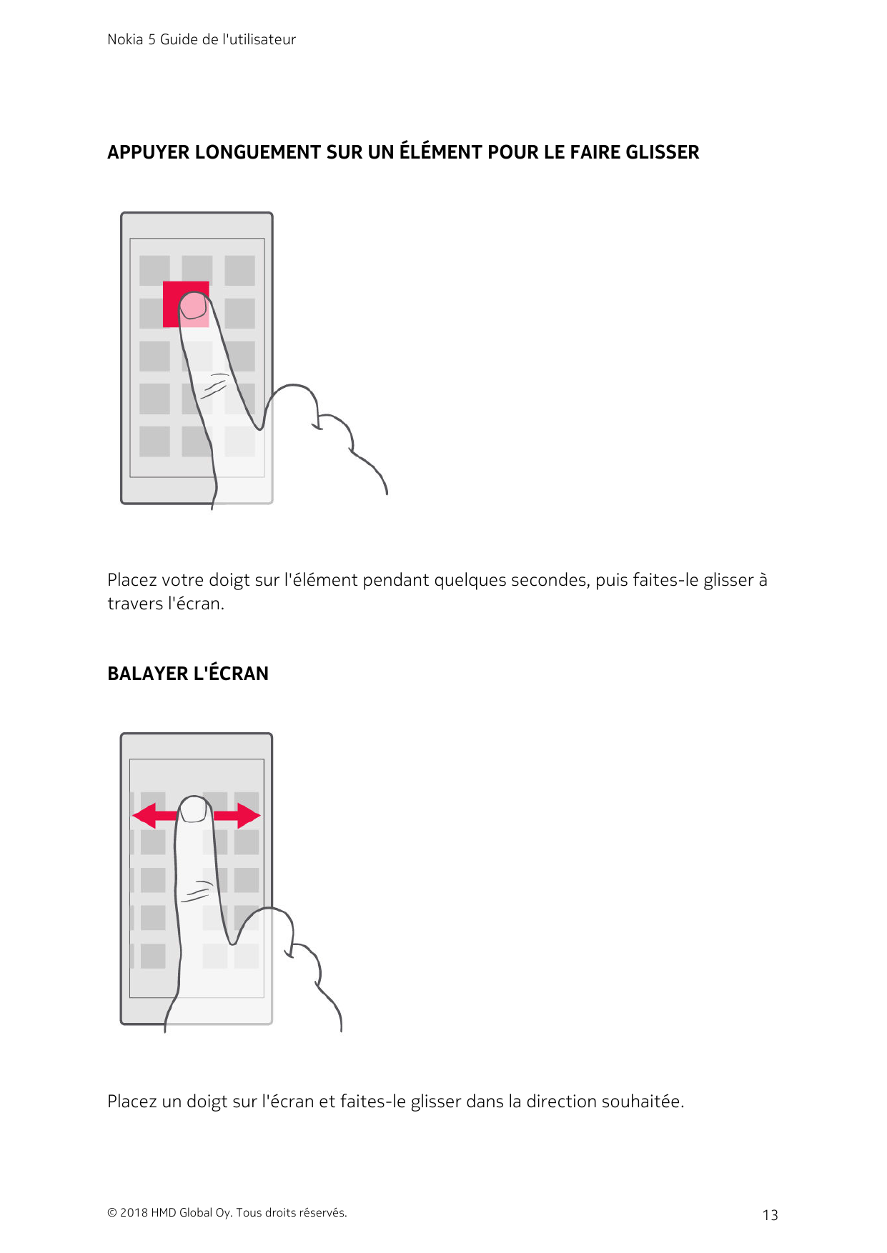 Nokia 5 Guide de l'utilisateurAPPUYER LONGUEMENT SUR UN ÉLÉMENT POUR LE FAIRE GLISSERPlacez votre doigt sur l'élément pendant qu