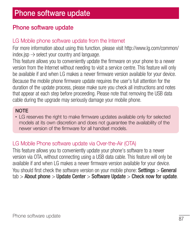 Phone software updatePhone software updateLG Mobile phone software update from the InternetFor more information about using this