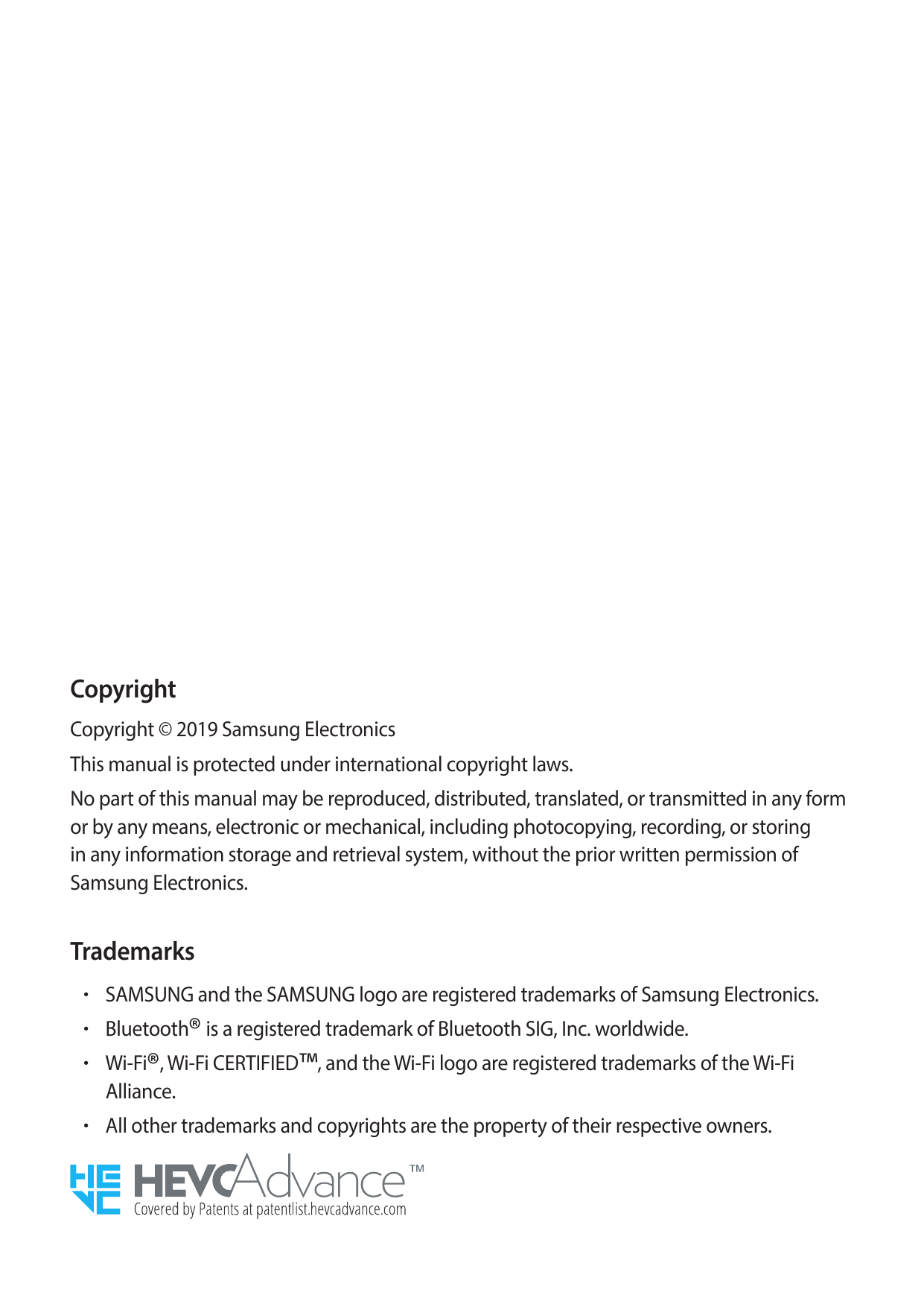CopyrightCopyright © 2019 Samsung ElectronicsThis manual is protected under international copyright laws.No part of this manual 