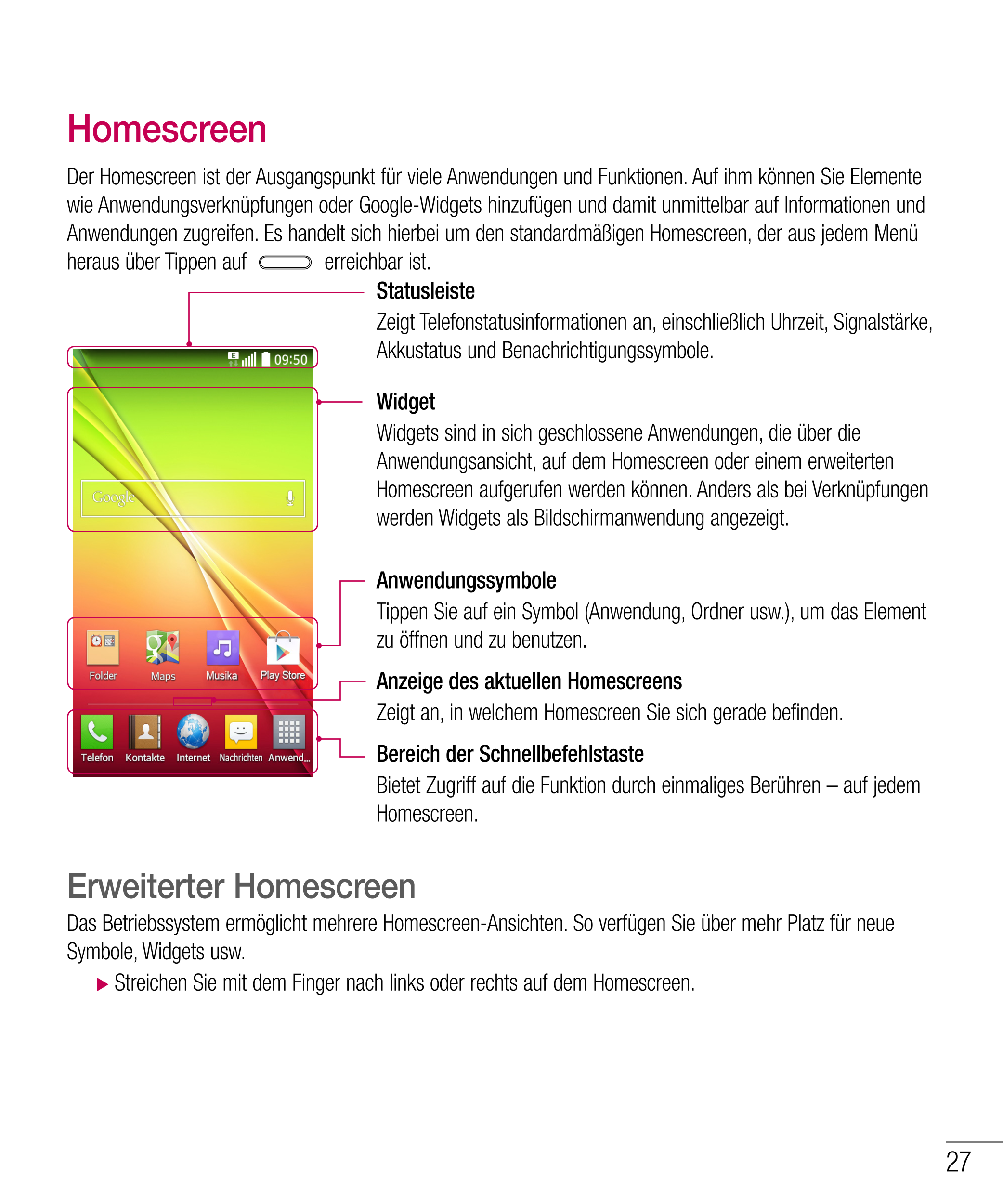 Homescreen
Der Homescreen ist der Ausgangspunkt für viele Anwendungen und Funktionen. Auf ihm können Sie Elemente 
wie Anwendung