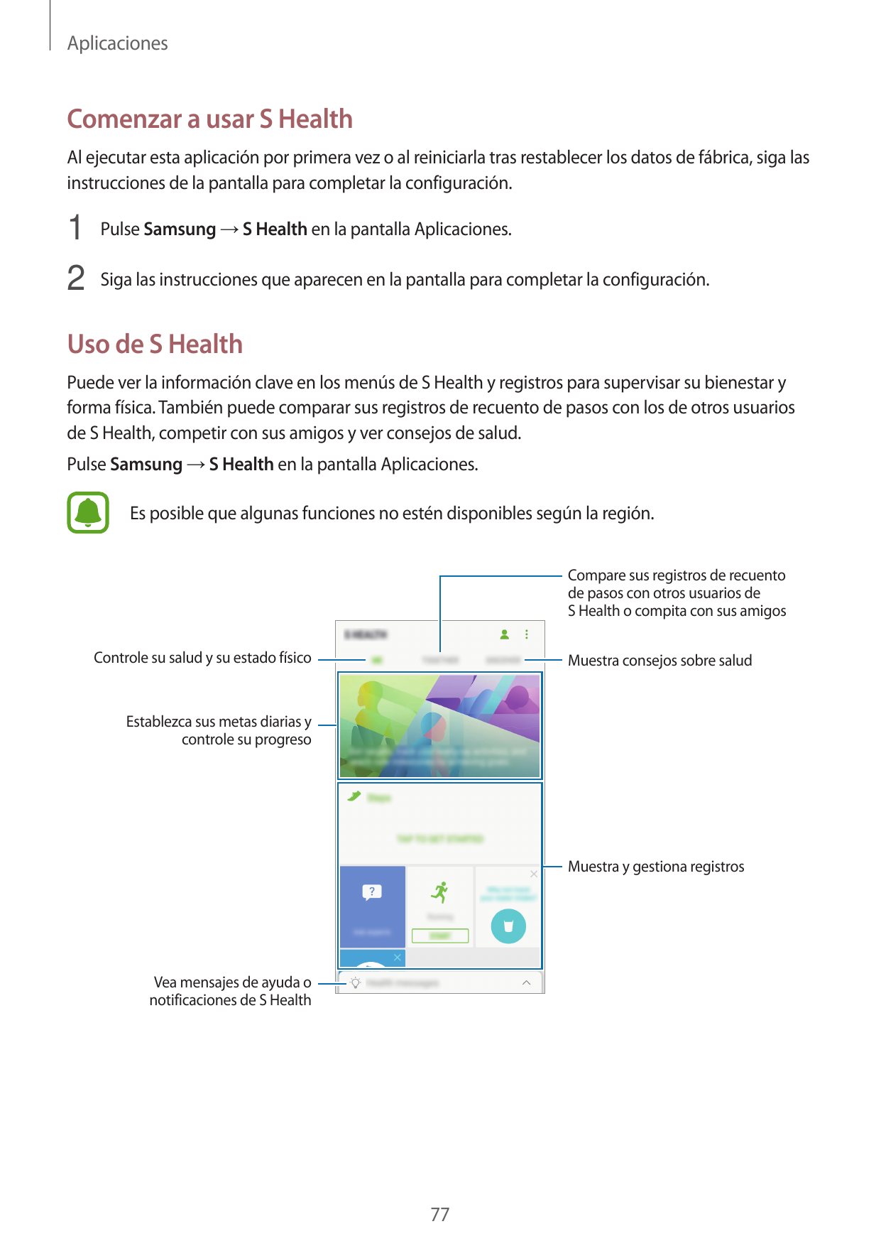 AplicacionesComenzar a usar S HealthAl ejecutar esta aplicación por primera vez o al reiniciarla tras restablecer los datos de f