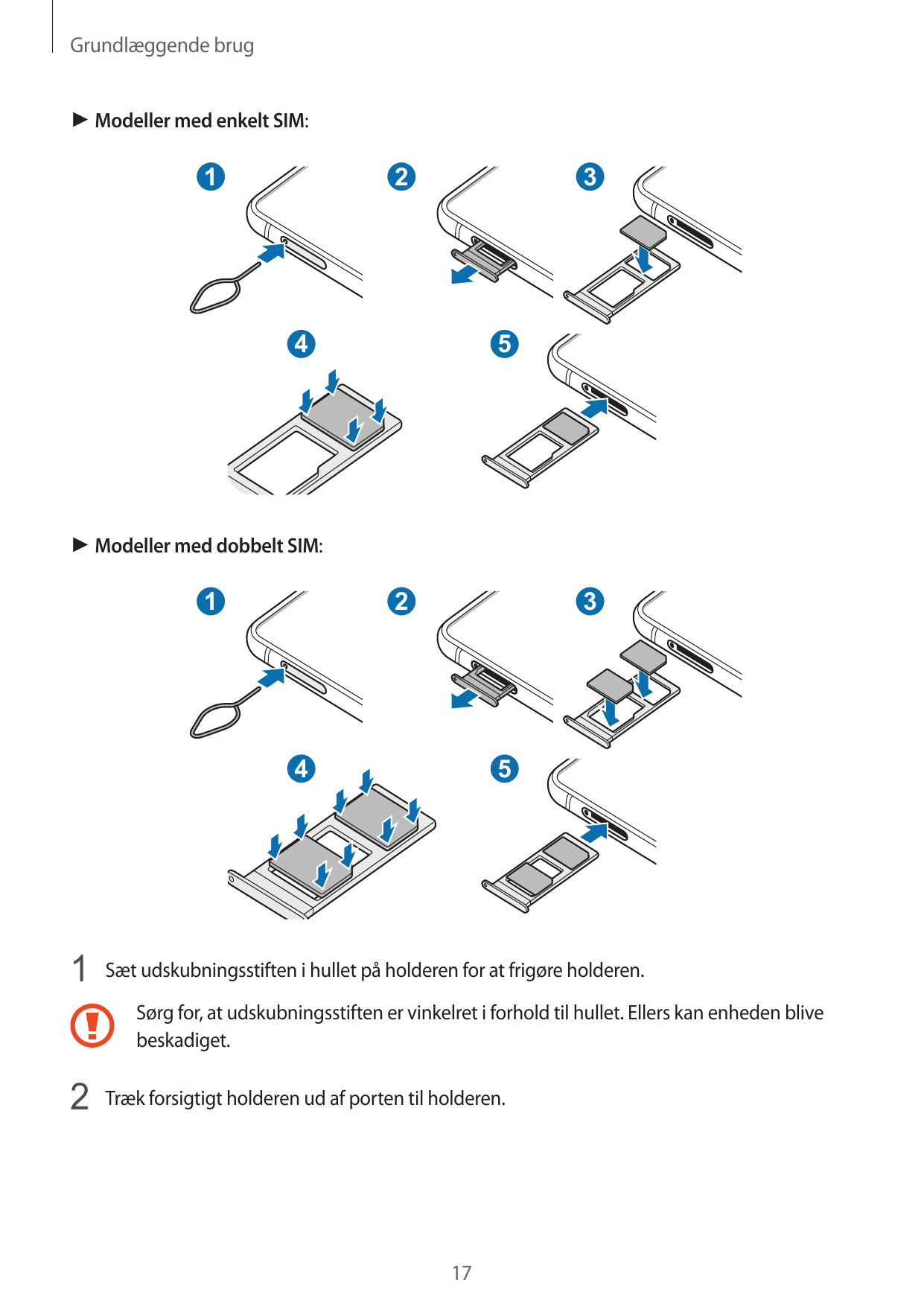 Grundlæggende brug► Modeller med enkelt SIM:12345► Modeller med dobbelt SIM:123451 Sæt udskubningsstiften i hullet på holderen f